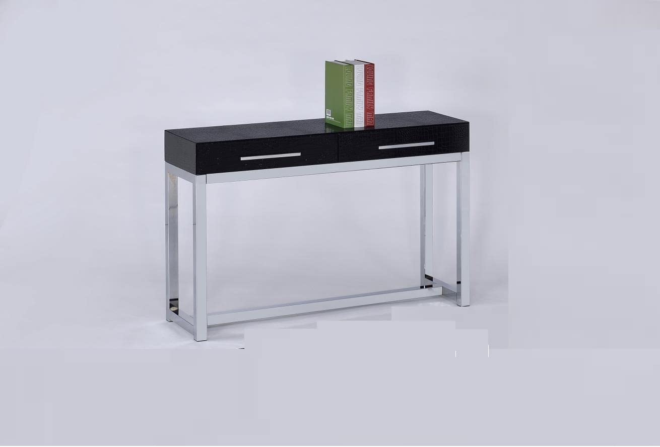 Stylish Chrome Black Finish Sofa Table - Modern Metal & Faux Leather Accent Table for Living Room, Entryway, or Bedroom Decor