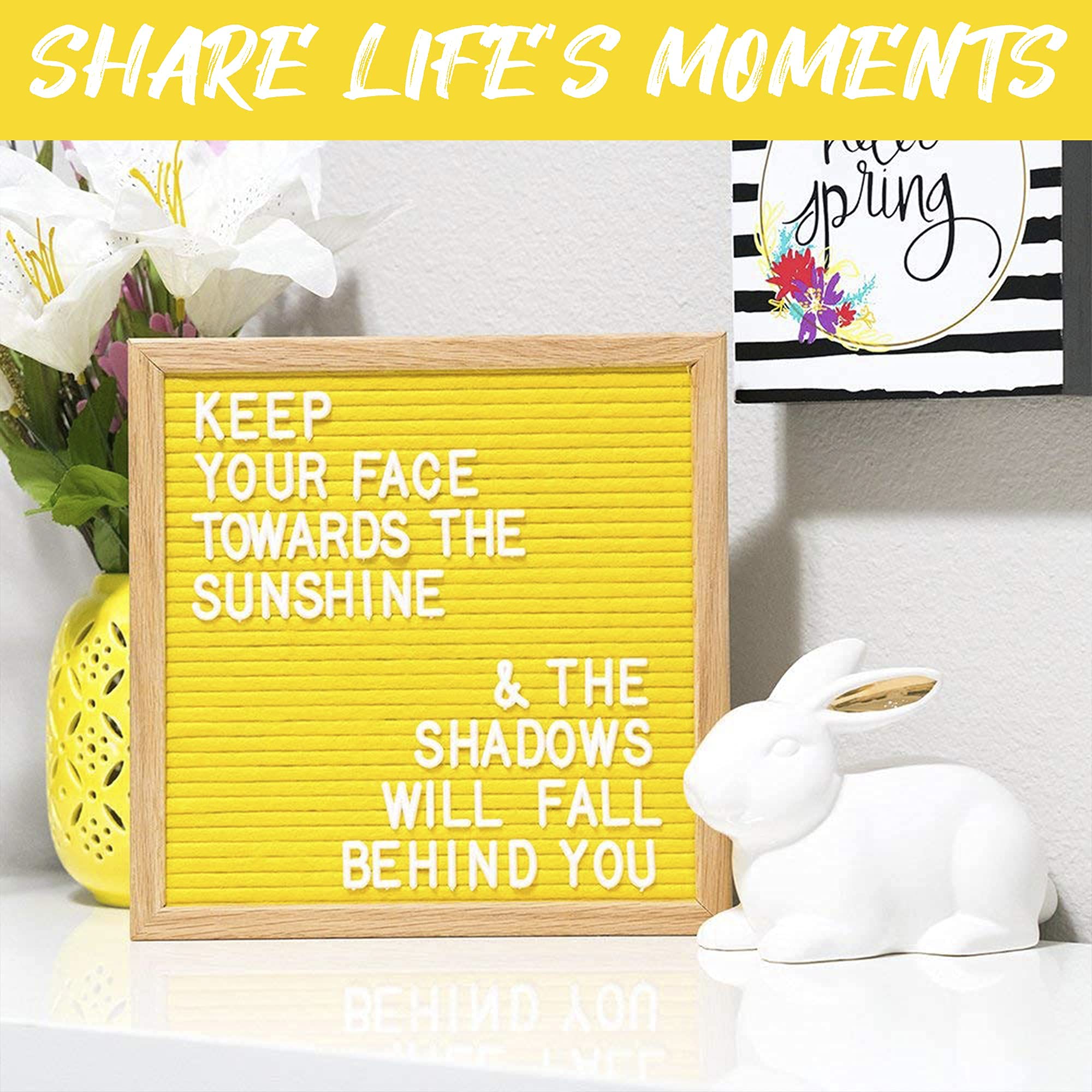 10x10 Inch Felt Letter Board with 300 Changeable Letters - Oak Frame Wooden Message Board for Baby Announcements, Milestones, Office Decor - Perfect for Home, Nursery, Wedding, Party & Wall Decoration (Yellow)