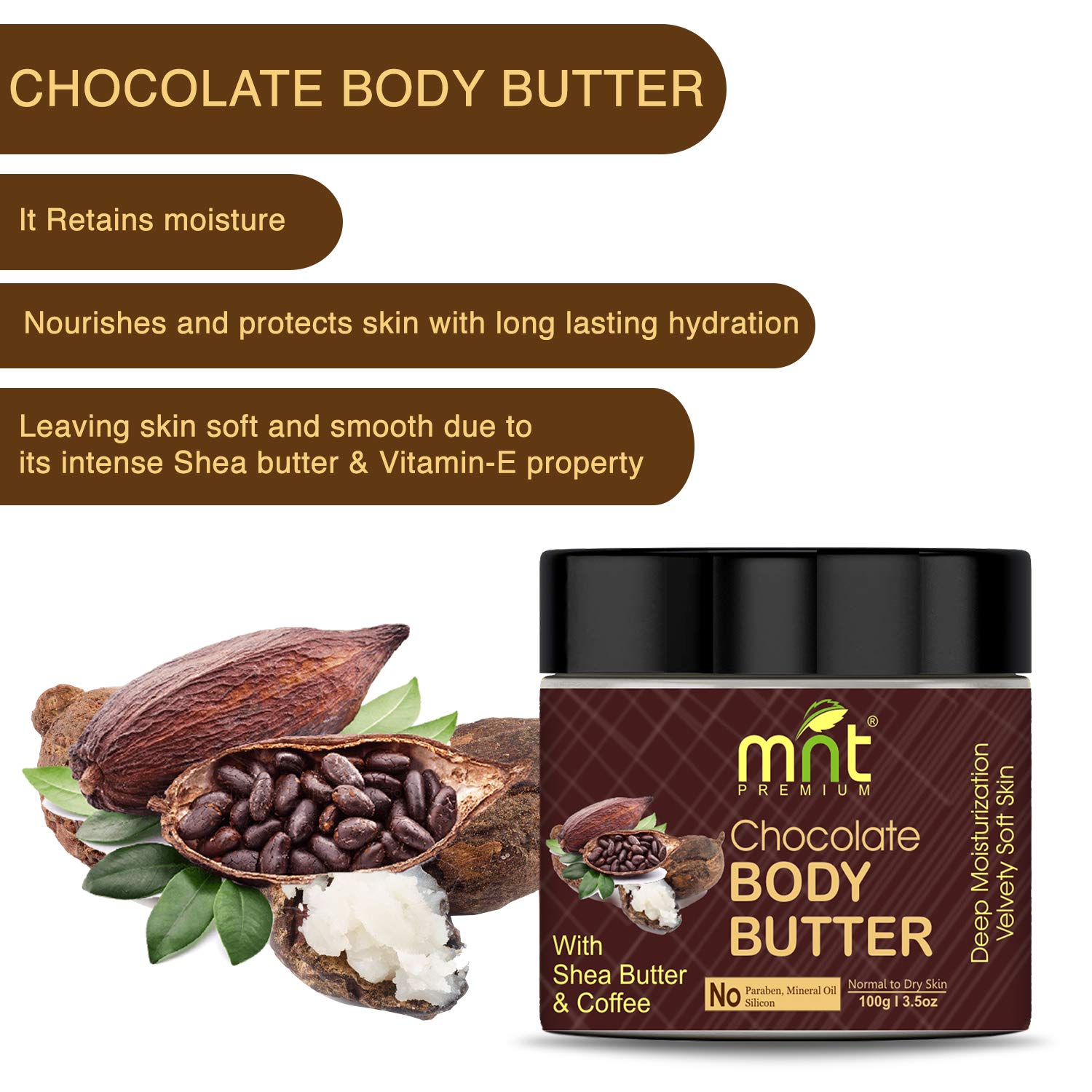 Organic MNT Chocolate Body Butter with Shea Butter & Coffee (100g) - Deep Moisturizing Cream for Dry Skin, Stretch Marks & Itchy Skin - Paraben, Mineral Oil & Silicone Free - Perfect for Winter Care & Post-Pregnancy Skin Recovery