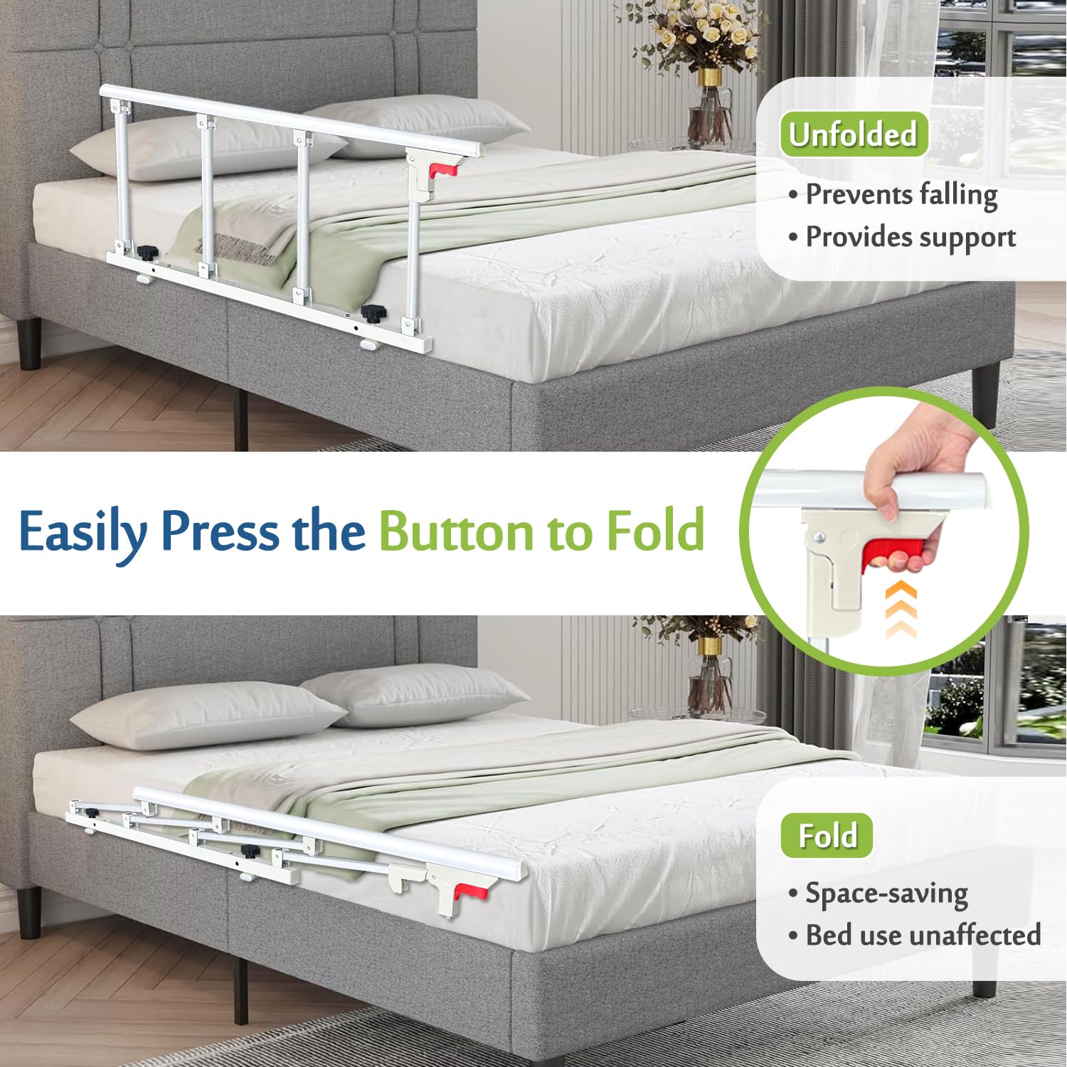 **Mybow Folding Bed Rails for Elderly Adults - Safety Bed Assist Railing for Seniors & Handicap, Adjustable Hospital Bedside Handle with Non-Slip Grip - Ideal for Home Care, Nursing Homes & Medical Assistance**