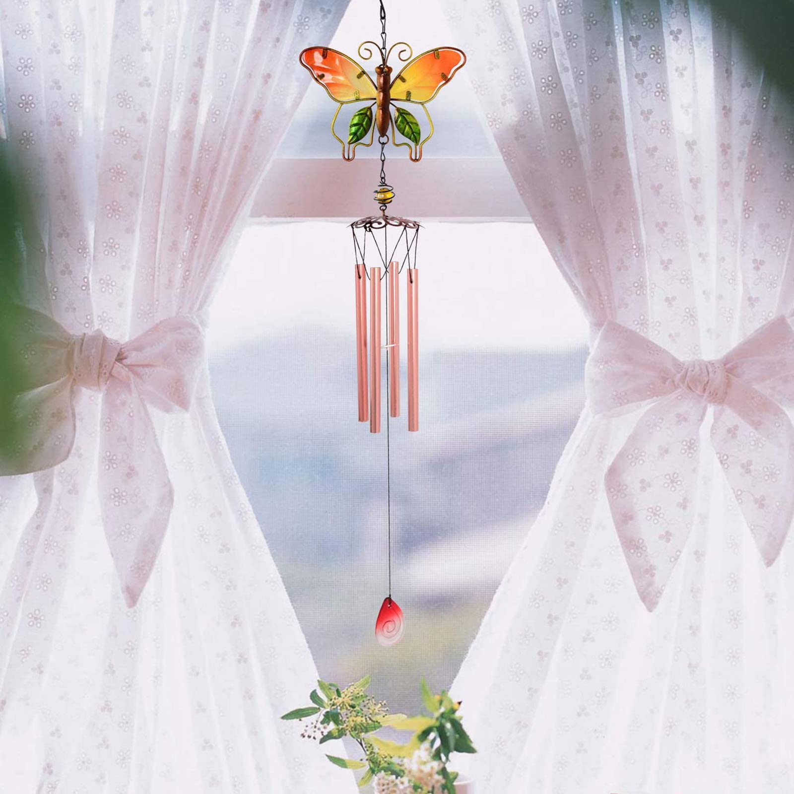 Celendi Large Wind Chimes - Hand-Painted 3D Butterfly Metal & Glass Wind Chime for Outdoor Garden Decor, Patio, Porch, and Backyard