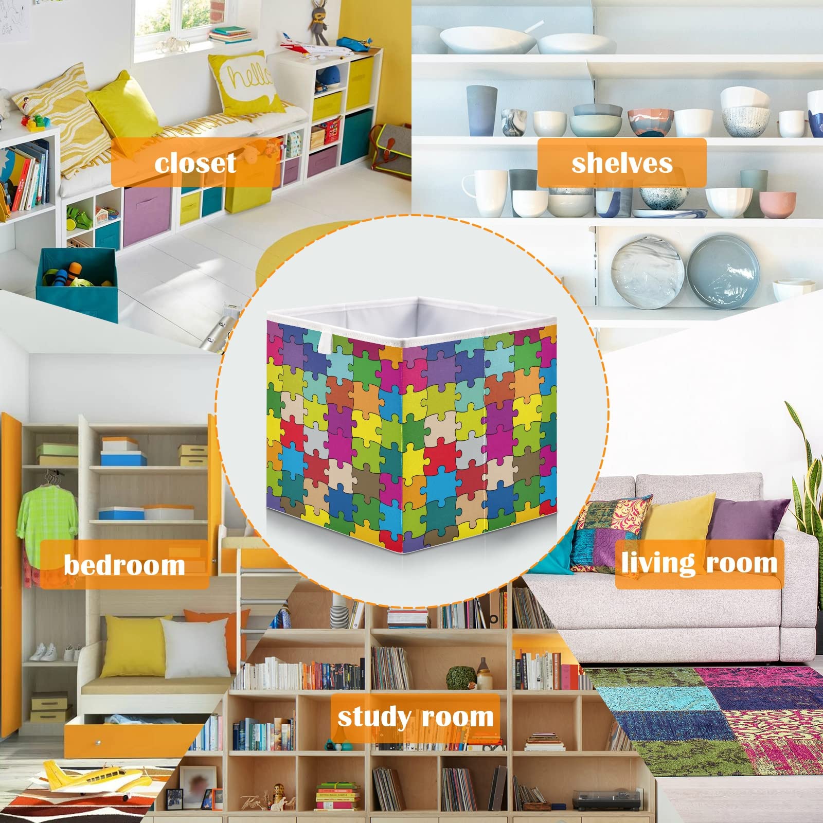 Poeticcity Colorful Puzzle Pattern Collapsible Storage Basket - Foldable Rectangular Organizer Bin for Toys, Clothes & Nursery | Easy Assembly Home & Office Organization Solution