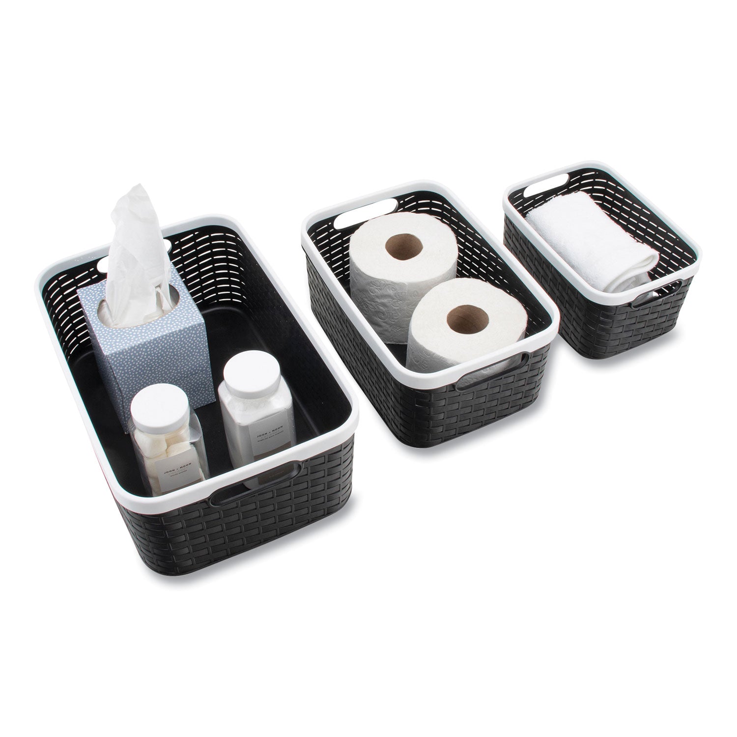 Advantus Open Lid Storage Bin Set - 3 Pack, Black & White, Assorted Sizes for Home Organization, Office Supplies, and Craft Room Storage