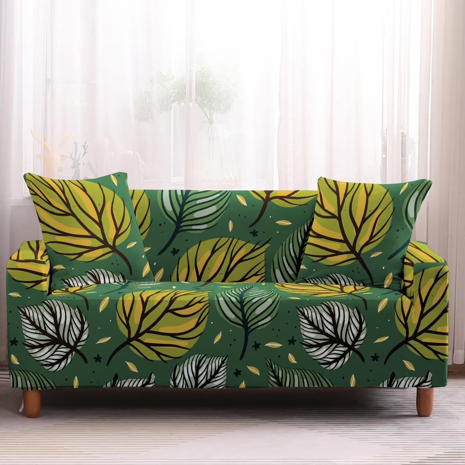 Reversible Water Resistant Sofa Slipcover with Foam Sticks & Elastic Straps - Green Leaf Pattern Furniture Protector for Couches, Pets & Kids - Perfect for Living Room, Family Room & Pet-Friendly Homes