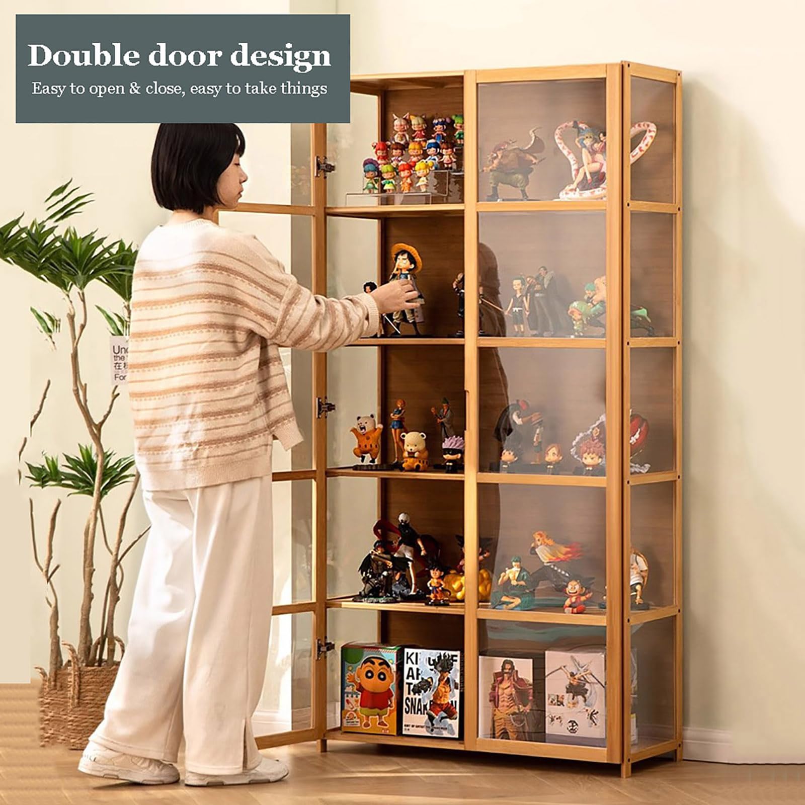 5-Tier Curio Display Cabinet with Clear Acrylic Doors - Transparent Bamboo Floor Standing Bookcase for Collectibles, Figures & Books | Perfect for Living Room, Office or Game Room Decor