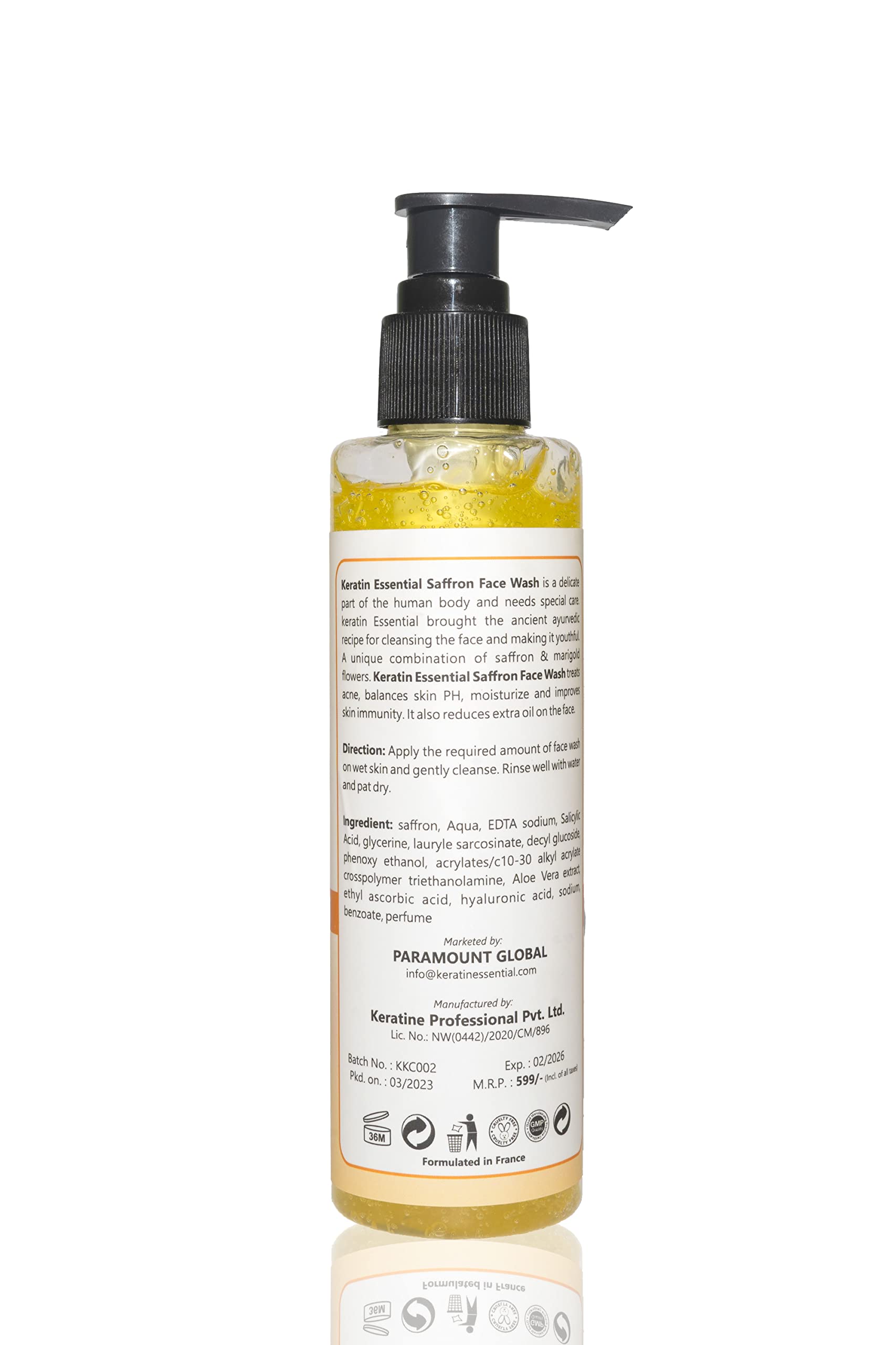 KERATIN ESSENTIAL Saffron Face Wash with Saffron & Lavender Extracts - 200ml Gentle Cleanser for Brightening & Hydrating Skin | Perfect for Daily Skincare Routine & Acne-Prone Skin