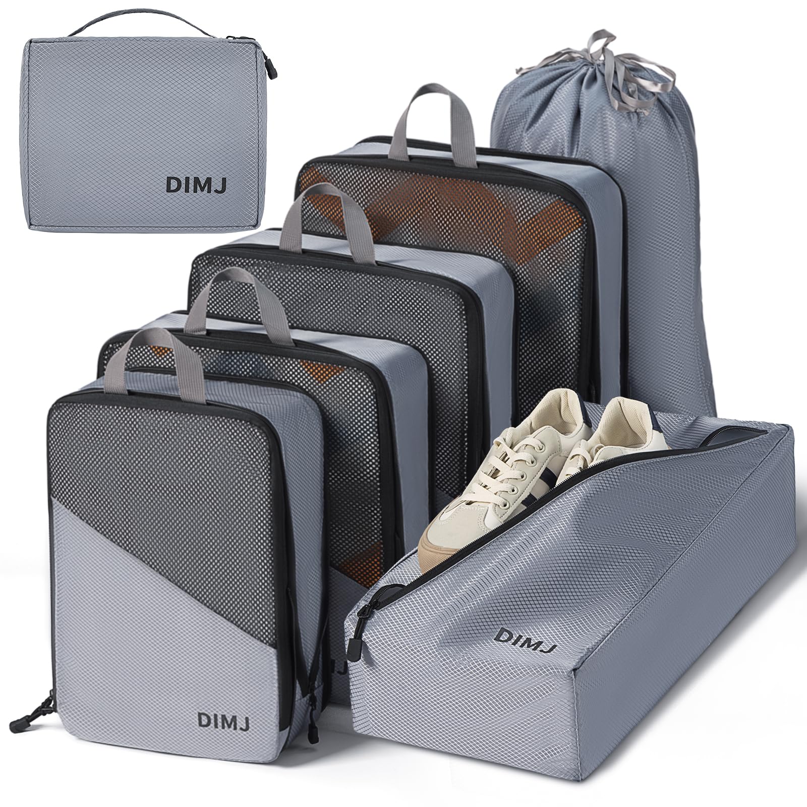 DIMJ Expandable Compression Packing Cubes for Travel - Lightweight Luggage Organizer Set with Shoe Bag, Laundry Bag & Underwear Bag (Grey) | Perfect for Suitcase Organization, Business Trips & Vacation Packing