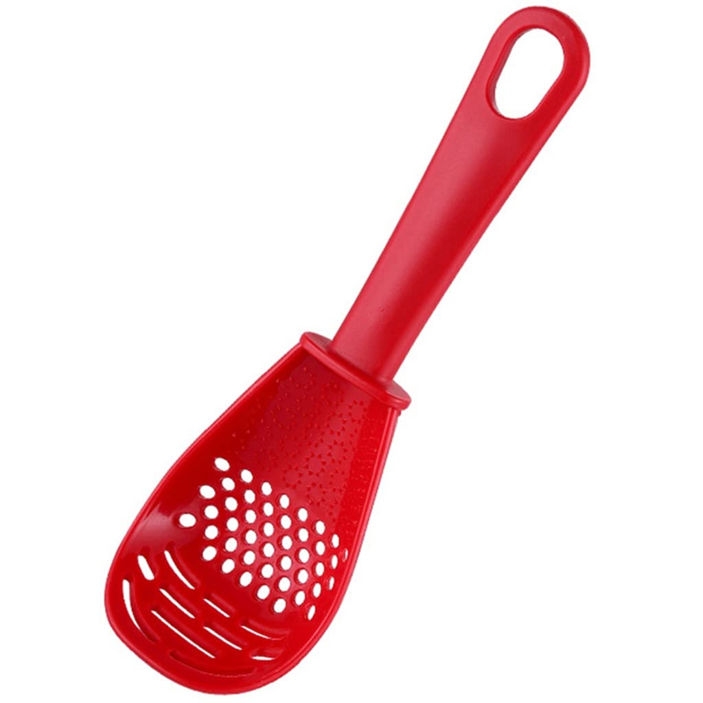 LEIGE Multifunctional Kitchen Cooking Spoon - Heat-Resistant Silicone Spatula with Hanging Hole, Potato Masher, Garlic Press & Colander - 22.5 x 7cm (Red) - Perfect for Baking, Cooking & Food Prep