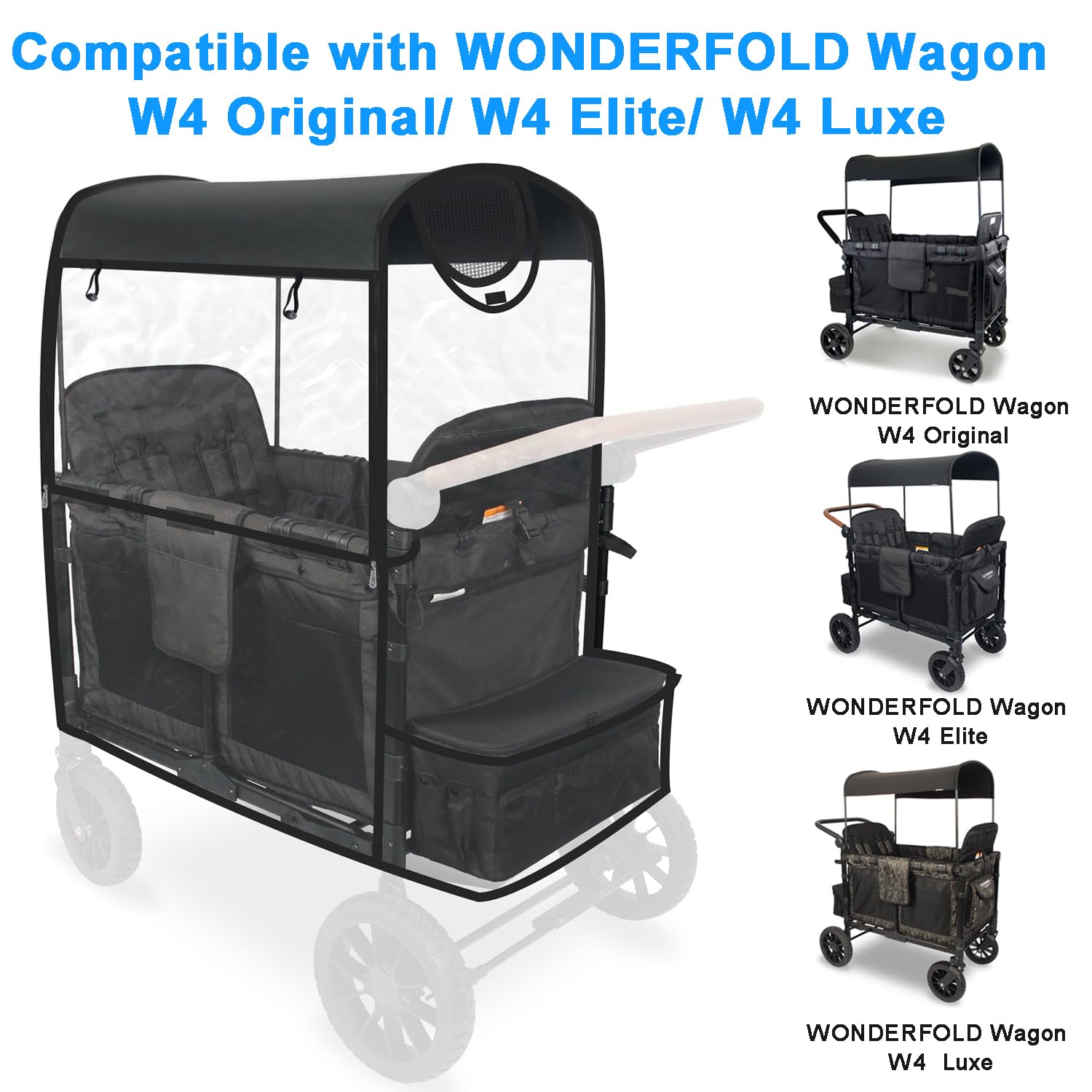 Premium Transparent Stroller Rain Cover for WONDERFOLD Wagon W4 – Weatherproof PEVA Material with Ventilation Mesh, Magic Sticker & Hangable Loop – Perfect for Outdoor Walks, Park Visits, and Rainy Day Adventures