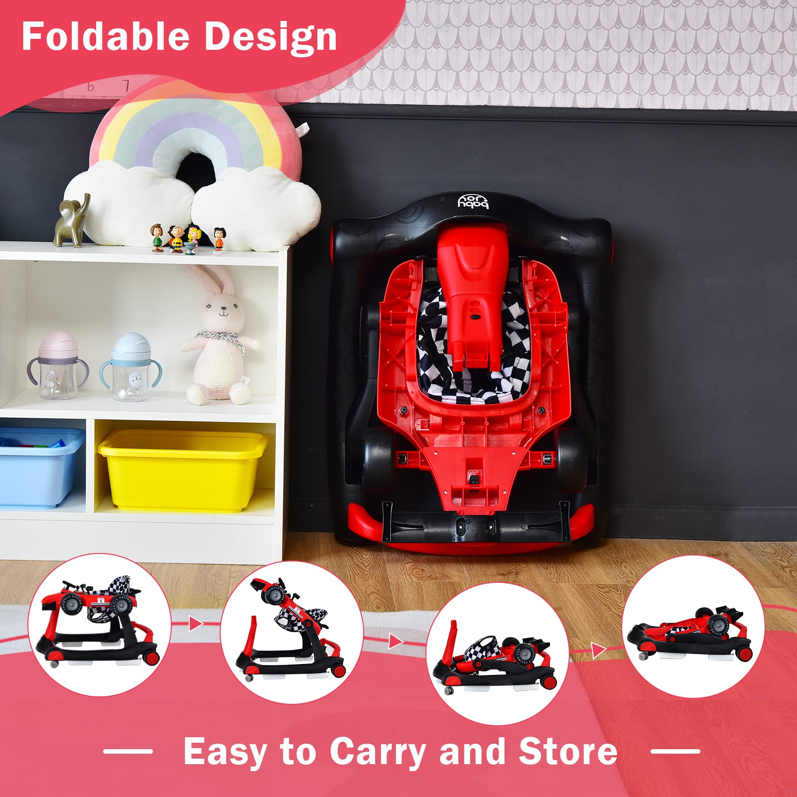 BABY JOY 4-in-1 Foldable Baby Activity Walker with Adjustable Height & Speed - Musical Light-Up Push Walker Toy with Anti-Rollover Wheels for Toddlers 6-18 Months (Red) | Perfect for Learning to Walk, Indoor Play & Early Development