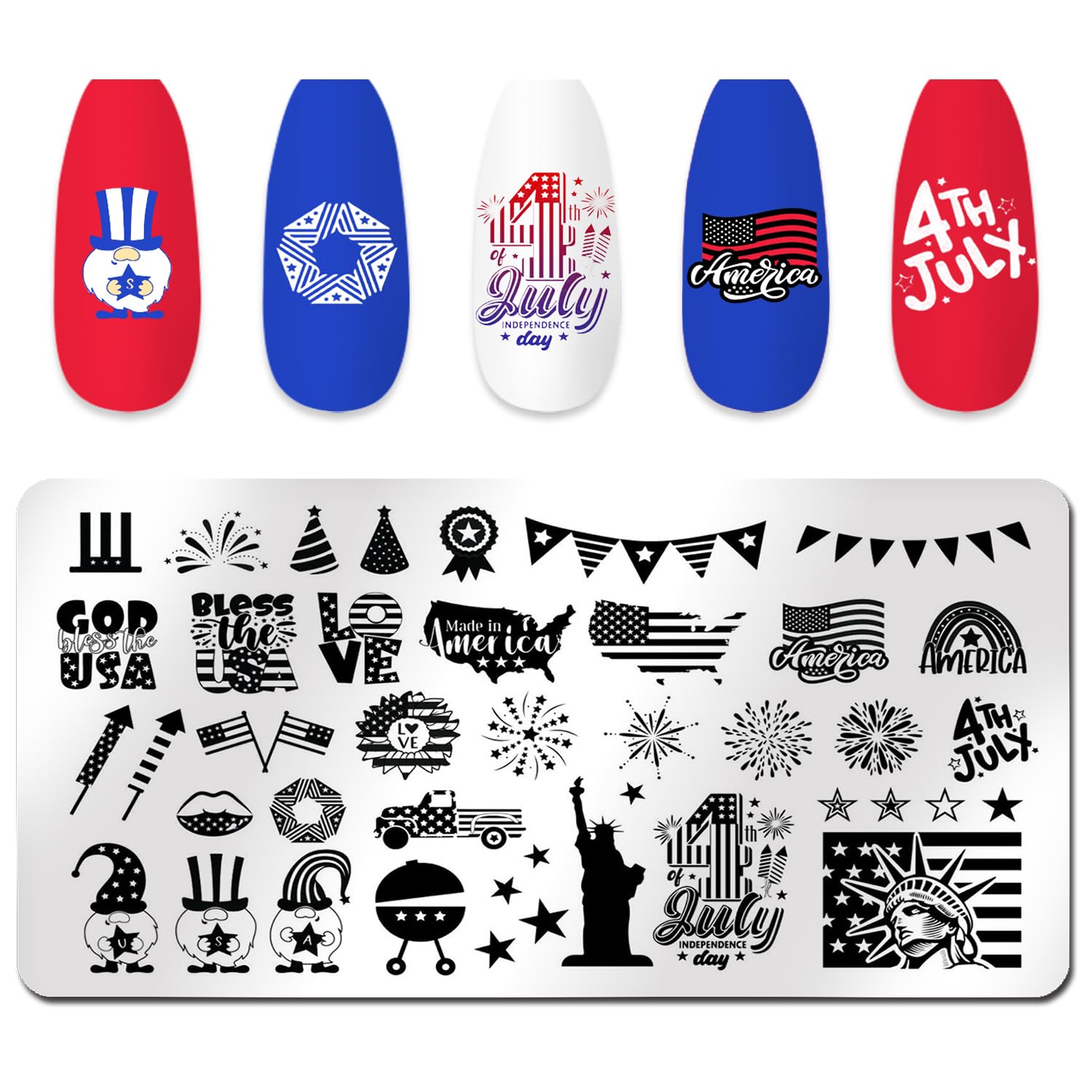 WOKOTO 6Pcs Independence Day Nail Stamping Plates Kit - American Flag & Stars Nail Art Design Stamp Plates for Women, DIY 4th of July Manicure - Perfect for Patriotic Holidays, Summer Nail Art & Party Nail Designs