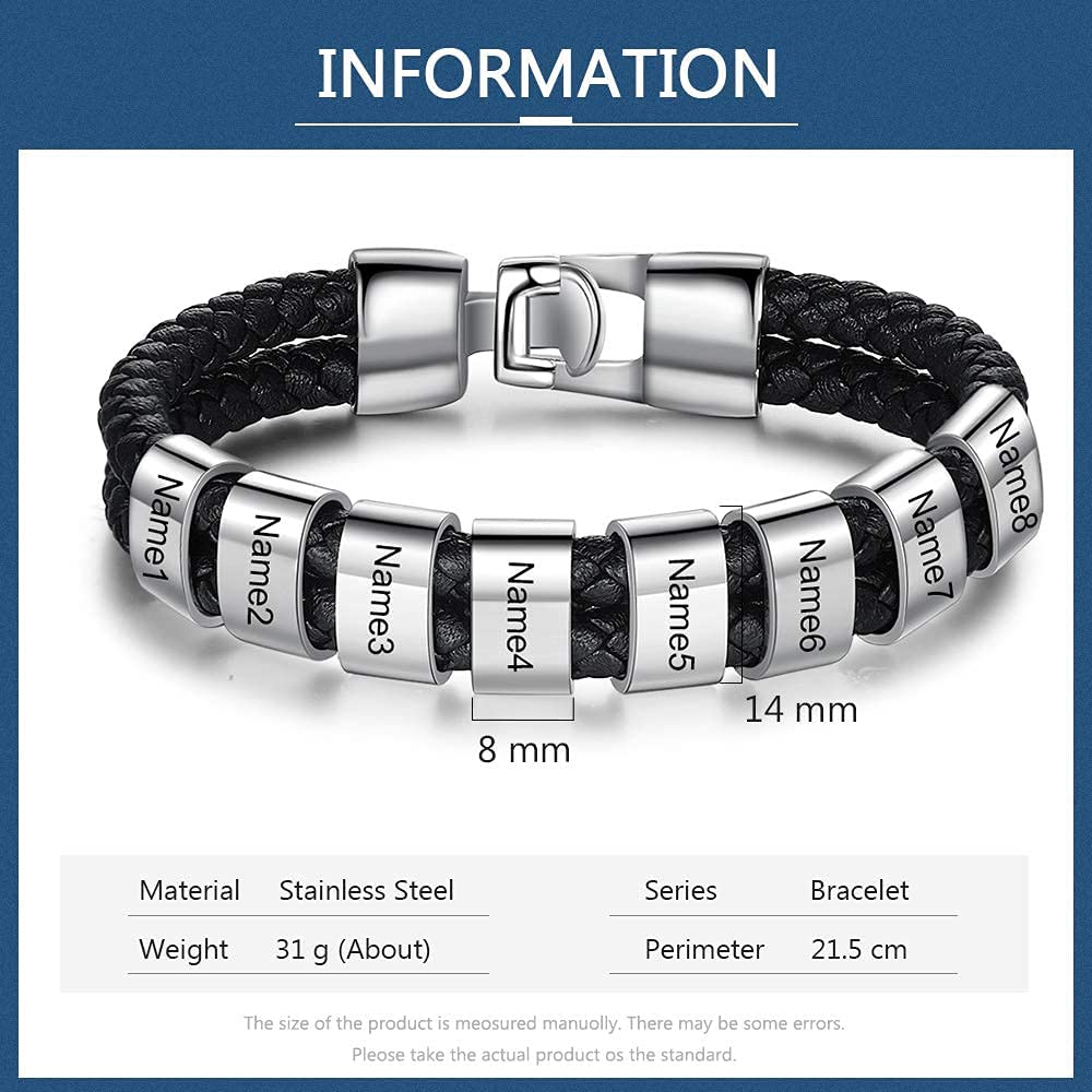 Custom Personalized Men's Leather Bracelet - Black Braided Name ID Bracelet with 1-8 Engraved Beads | Stylish Gift for Boyfriend, Husband, Father | Perfect for Weddings, Anniversaries & Everyday Wear