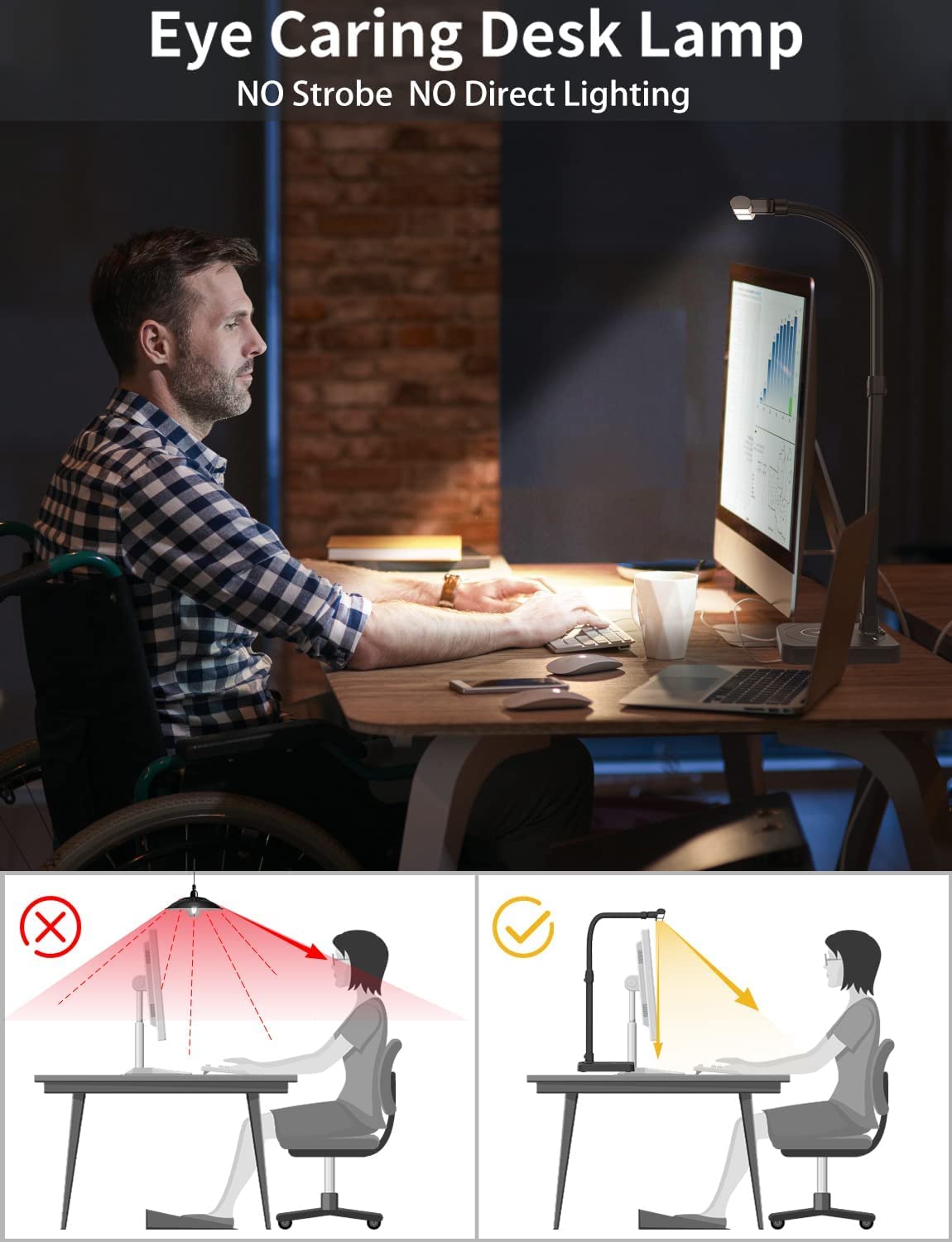 AKRRYR 24W LED Desk Lamp with USB Charging & Wireless Charger - Adjustable Dual Head Architect Light, 5 Color Modes & 5 Brightness Levels, Flexible Gooseneck for Home Office, Computer Study, Reading & Nightstand Use (Black)