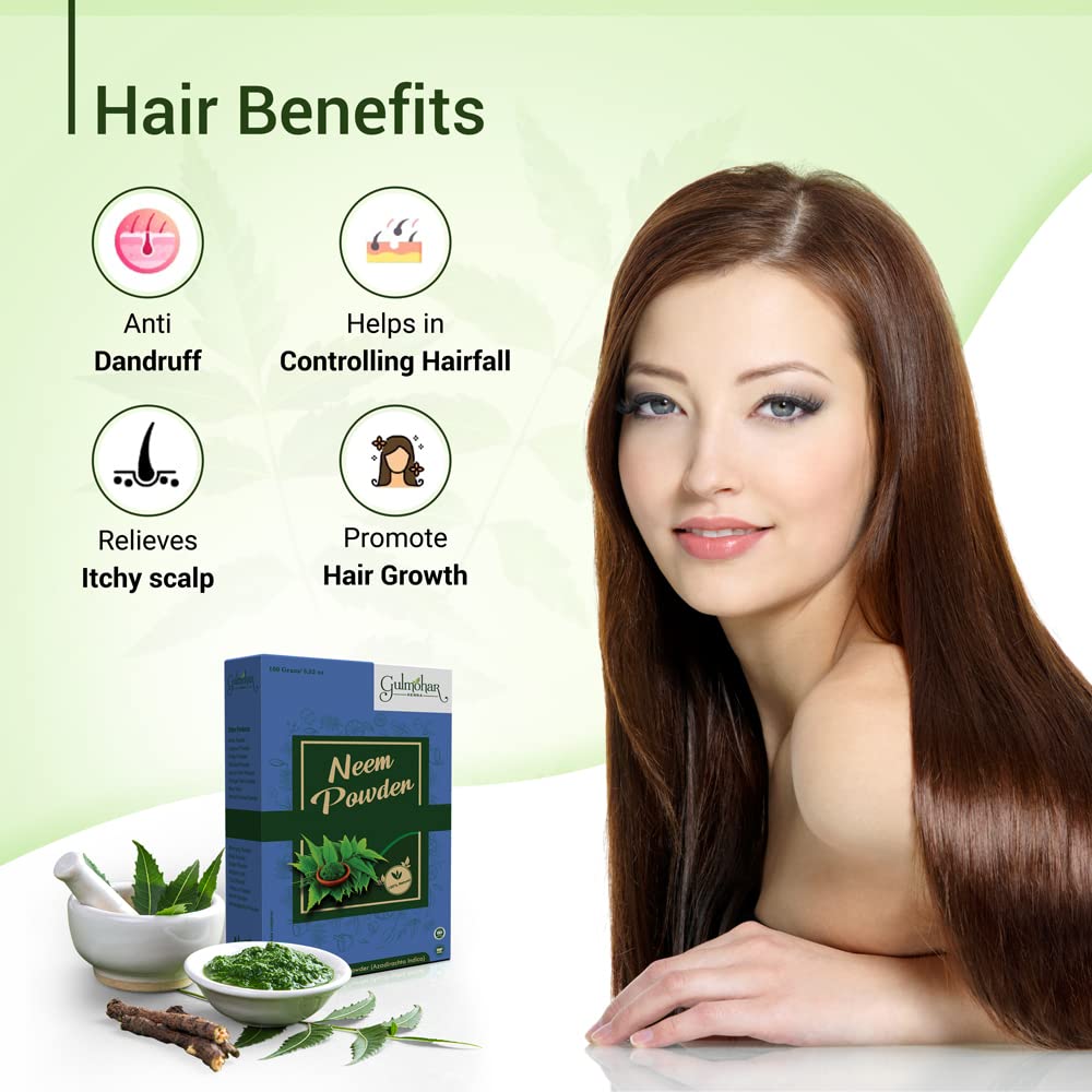 Gulmohar Natural Neem Powder for Hair Cleansing & Acne-Free Clear Skin - 100g | Organic Ayurvedic Treatment for Dandruff, Scalp Care & Face Mask