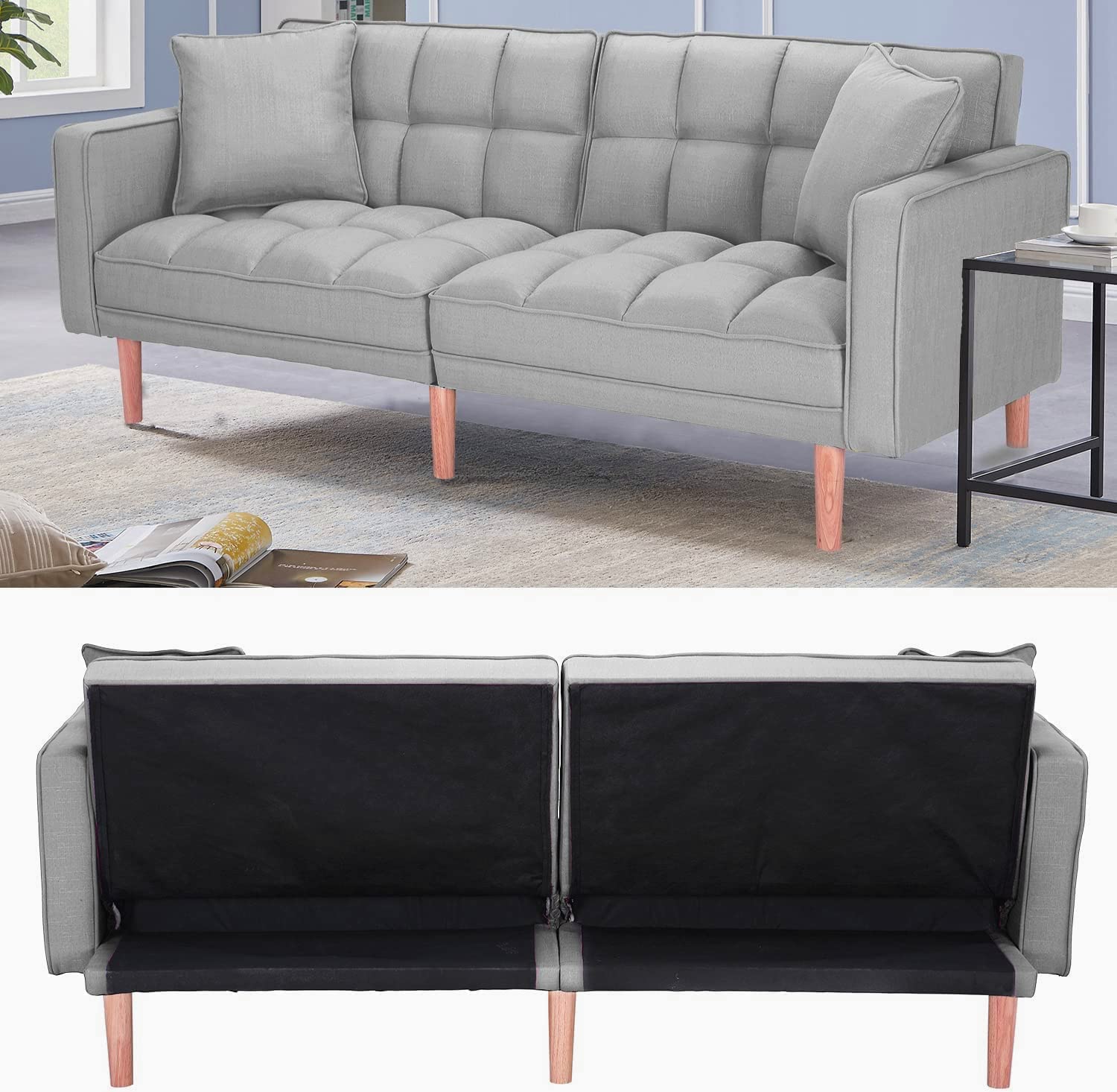 Convertible Futon Sofa Bed with 2 Pillows & Backrest - Foldable Sleeper Couch for Small Spaces - Modern Fabric Futon for Living Room, Bedroom, Guest Room & Studio Apartments - Space Saving Multi-Functional Furniture