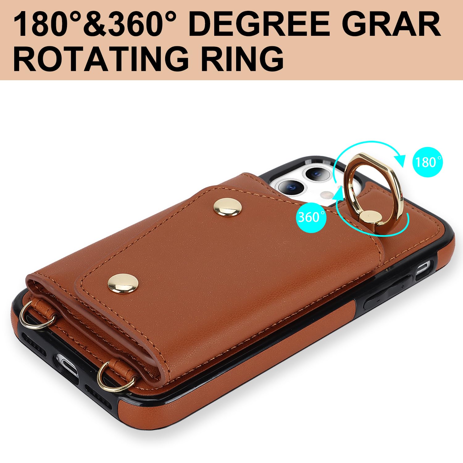ELTEKER iPhone 11 Wallet Case with Card Holder, Crossbody Neck Strap & Ring Stand - Flip Cover Phone Case for Women (Brown) | Perfect for Travel, Shopping & Hands-Free Convenience