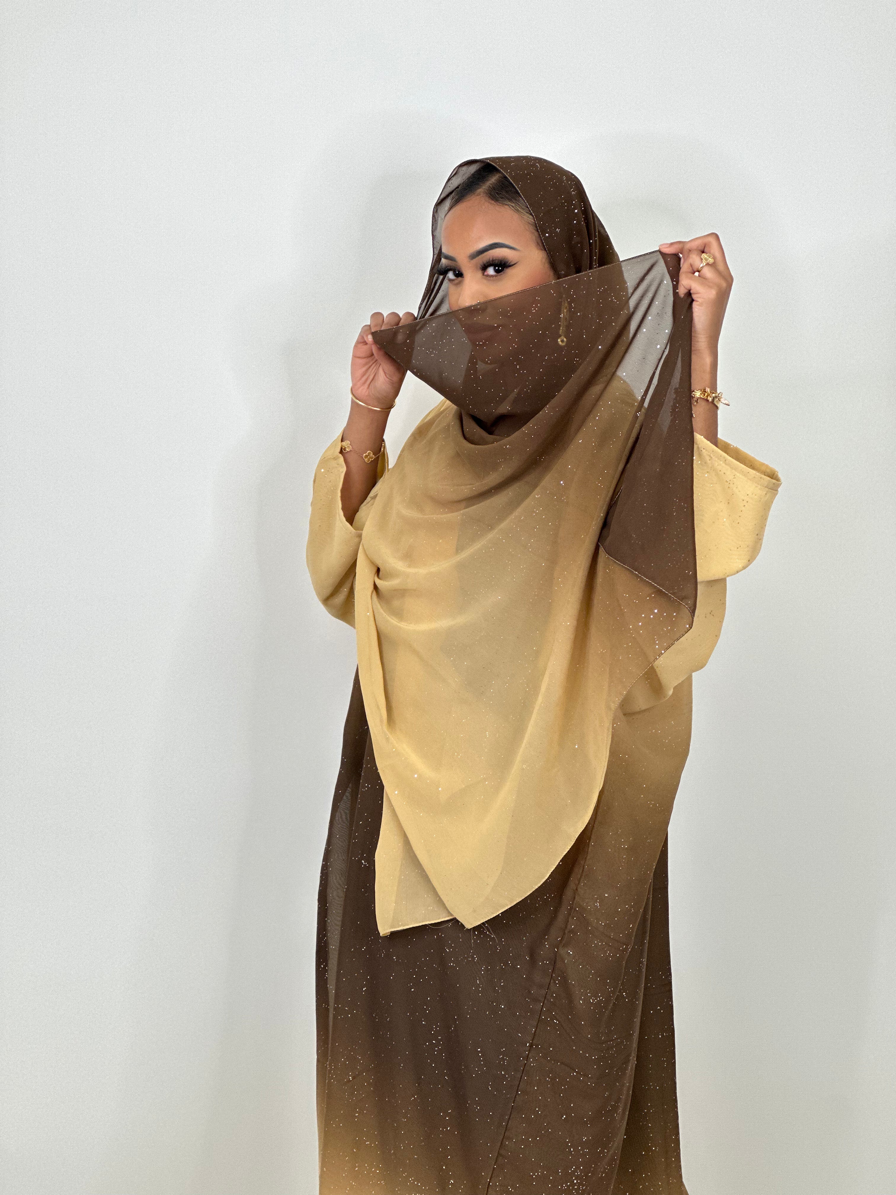 Elegant Brown Ombré Stars Abaya Dress - Modest Islamic Fashion for Women - Perfect for Eid, Prayer & Special Occasions