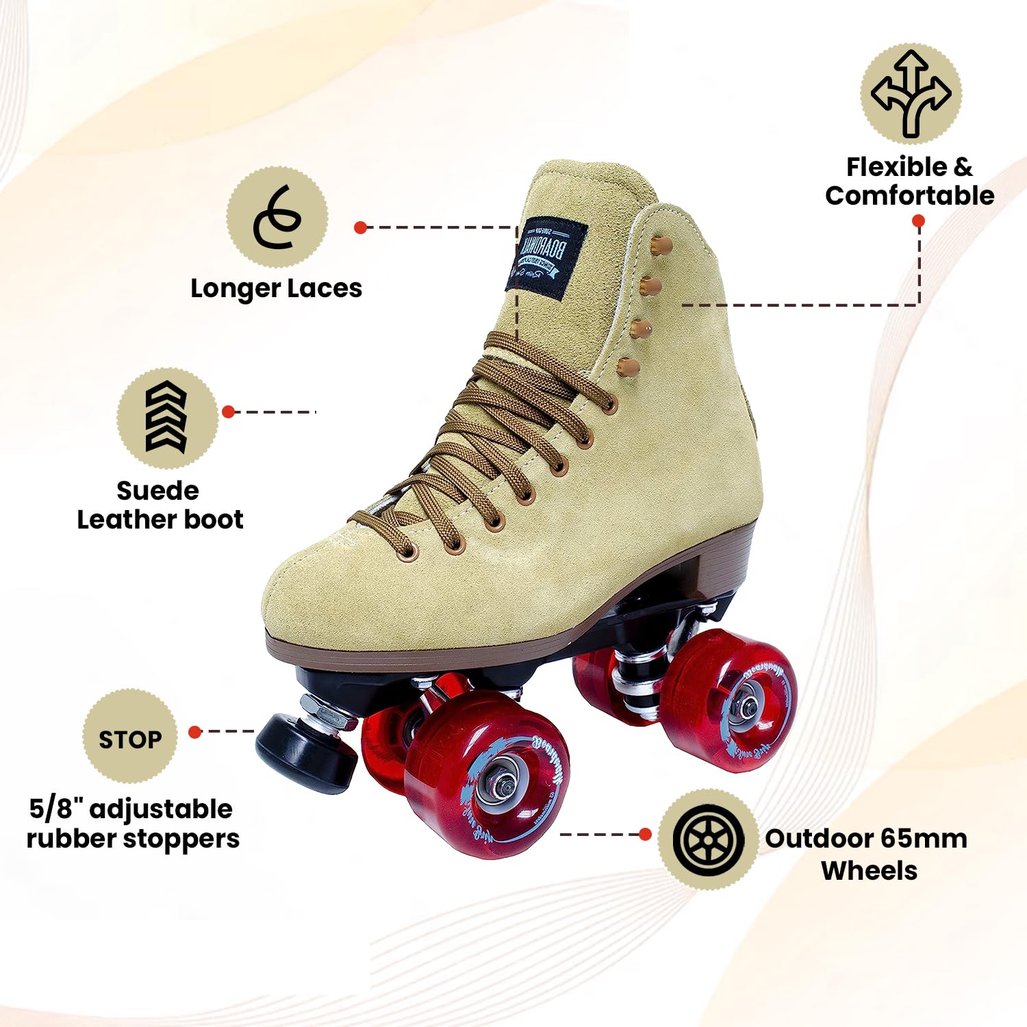 Sure Grip Tan Boardwalk Outdoor Roller Skates for Men & Women | 65mm Wheels, Nylon Sole, ABEC 3 Bearings | Adjustable Rubber Stoppers | Perfect for Park Trails, Fitness, and Outdoor Adventures
