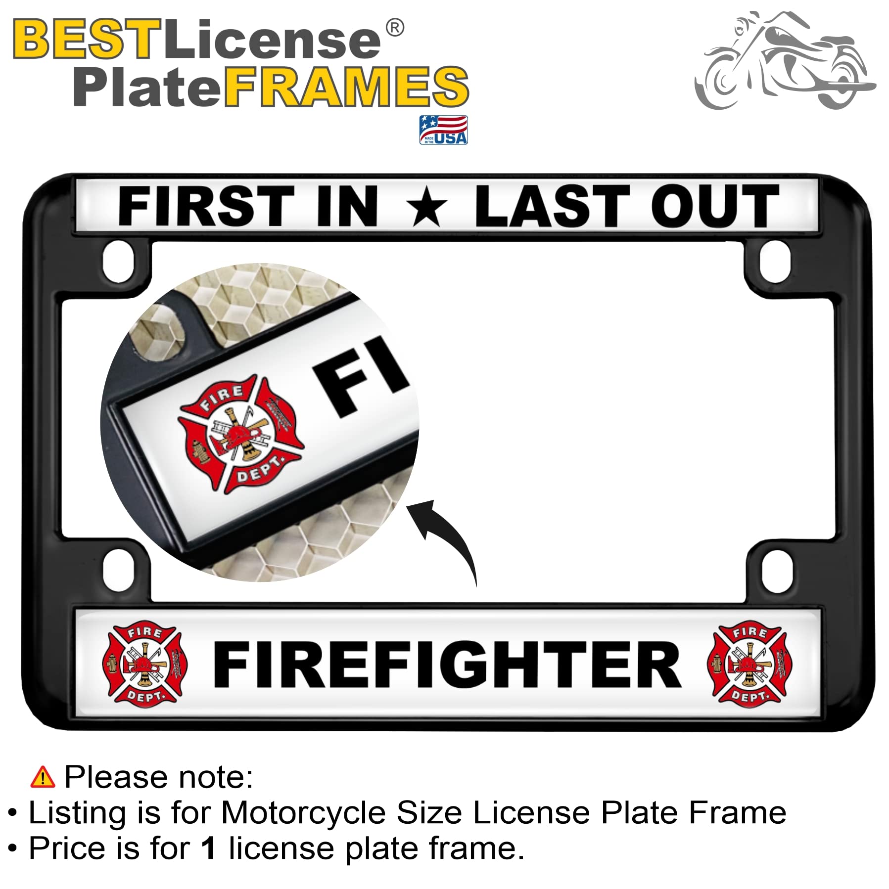 Black Firefighter Design Metal Motorcycle License Plate Frame - Durable & Stylish for Harley, Honda, Kawasaki - Perfect for Bikers, First Responders & Patriotic Riders
