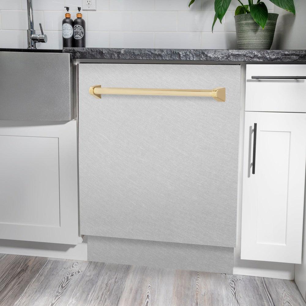 ZLINE Autograph Edition 24-inch Built-In Dishwasher with 3rd Rack - Satin Stainless Steel Panel & Polished Gold Handle - 51dBa Ultra Quiet - Perfect for Modern Kitchens & Open-Concept Homes (DWVZ SN 24 G)
