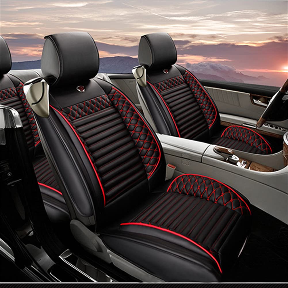Premium Genuine Leather Car Seat Covers for Volkswagen Touran 5-Seater (2004-2015 Models) - Waterproof, Scratch-Resistant, Non-Slip Seat Protectors with Airbag Compatibility (Full Set, Black/Red) - Perfect for Family Road Trips, Daily Commuting & Luxury Car Interior Upgrade