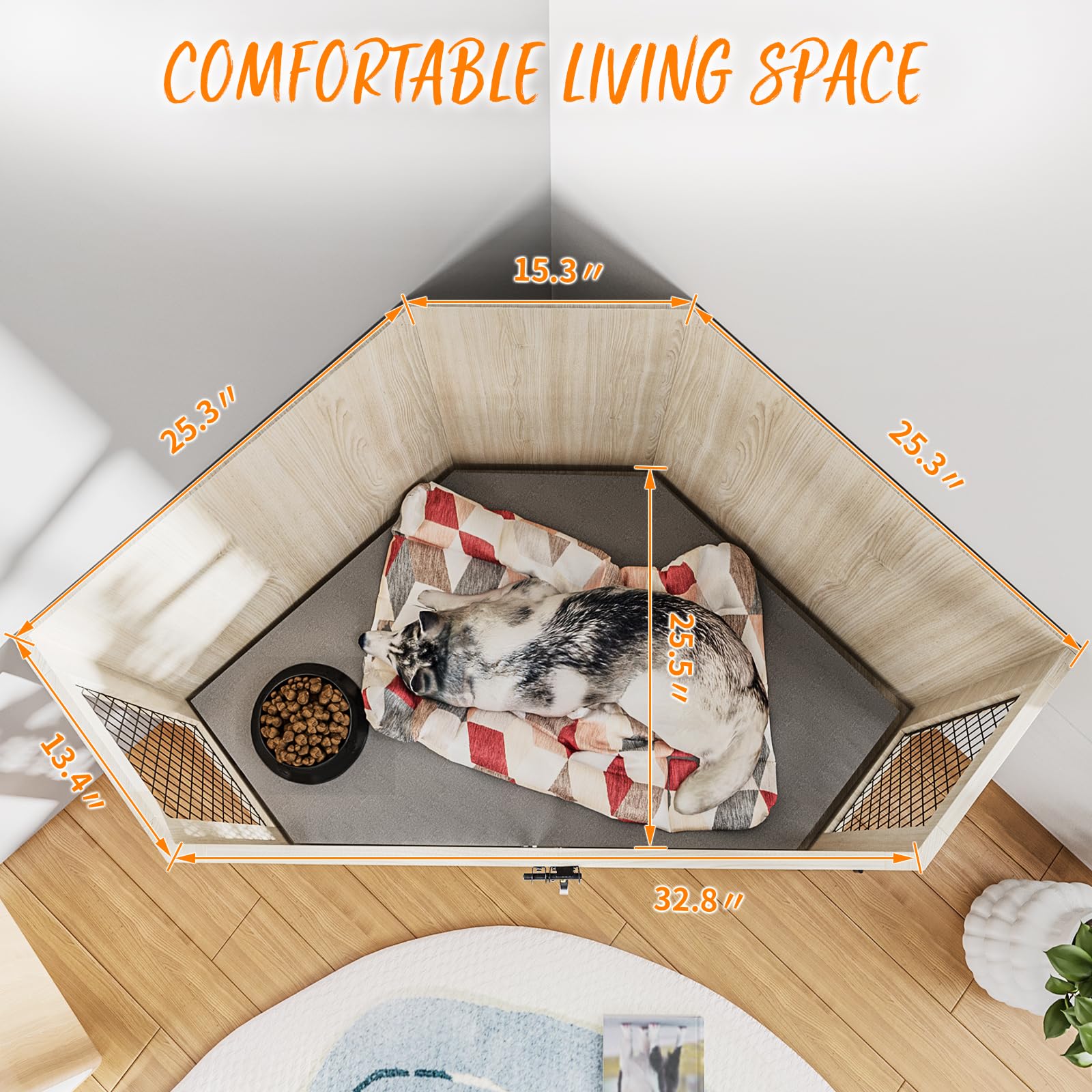 PUKAMI 44/52 Inch Wooden Dog Crate Furniture with Mesh - Decorative Dog Kennel for Small Medium Large Dogs - Indoor Pet House for Living Room Bedroom Office Space Saving Design