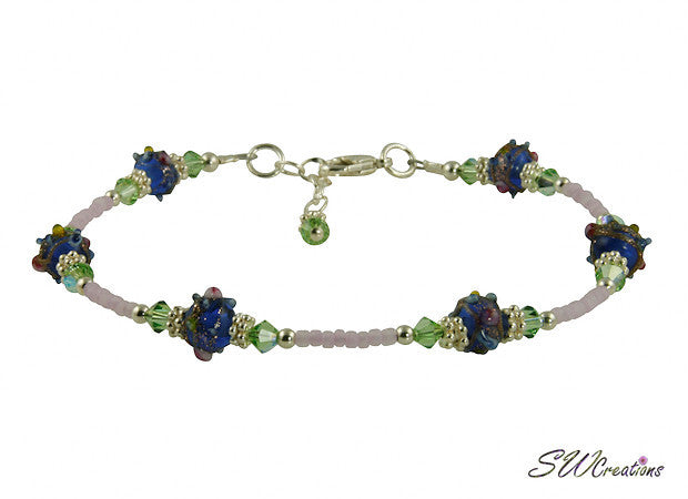 Blue Cobalt Peridot Lavender Beaded Anklet Bracelet - Boho Chic Handmade Beaded Jewelry for Women - Perfect for Beach, Summer & Festival Outfits