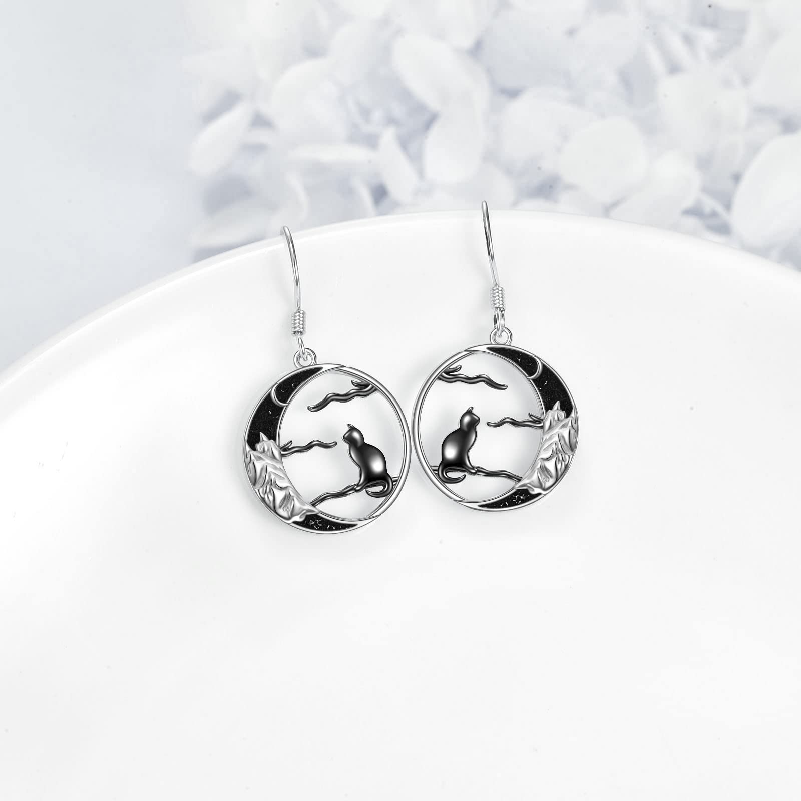 Sterling Silver Black Cat Dangle Earrings for Women | Hypoallergenic Fashion Jewelry | Perfect for Halloween, Cosplay & Gothic Style Outfits