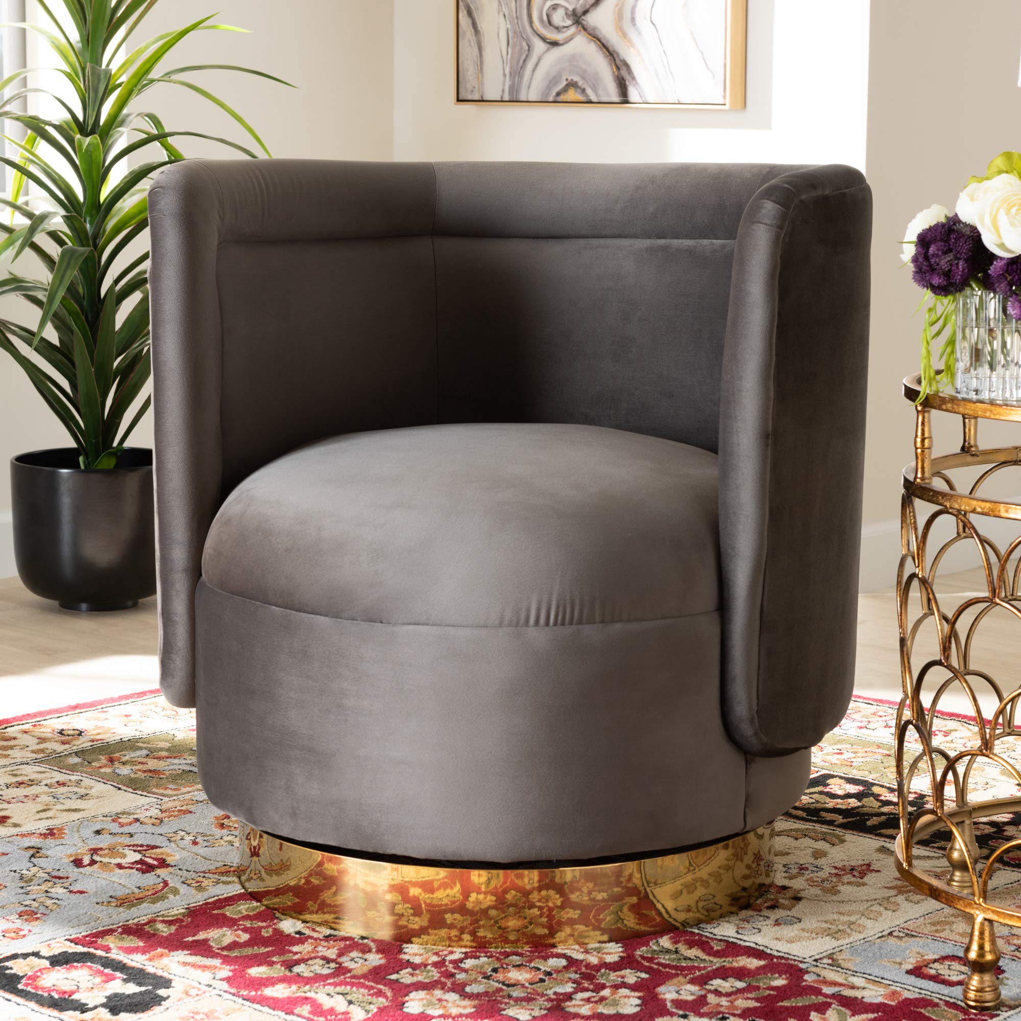 Baxton Studio Modern Accent Chairs - Grey & Gold Upholstered Dining Room Chairs for Home Office, Living Room & Bedroom Decor