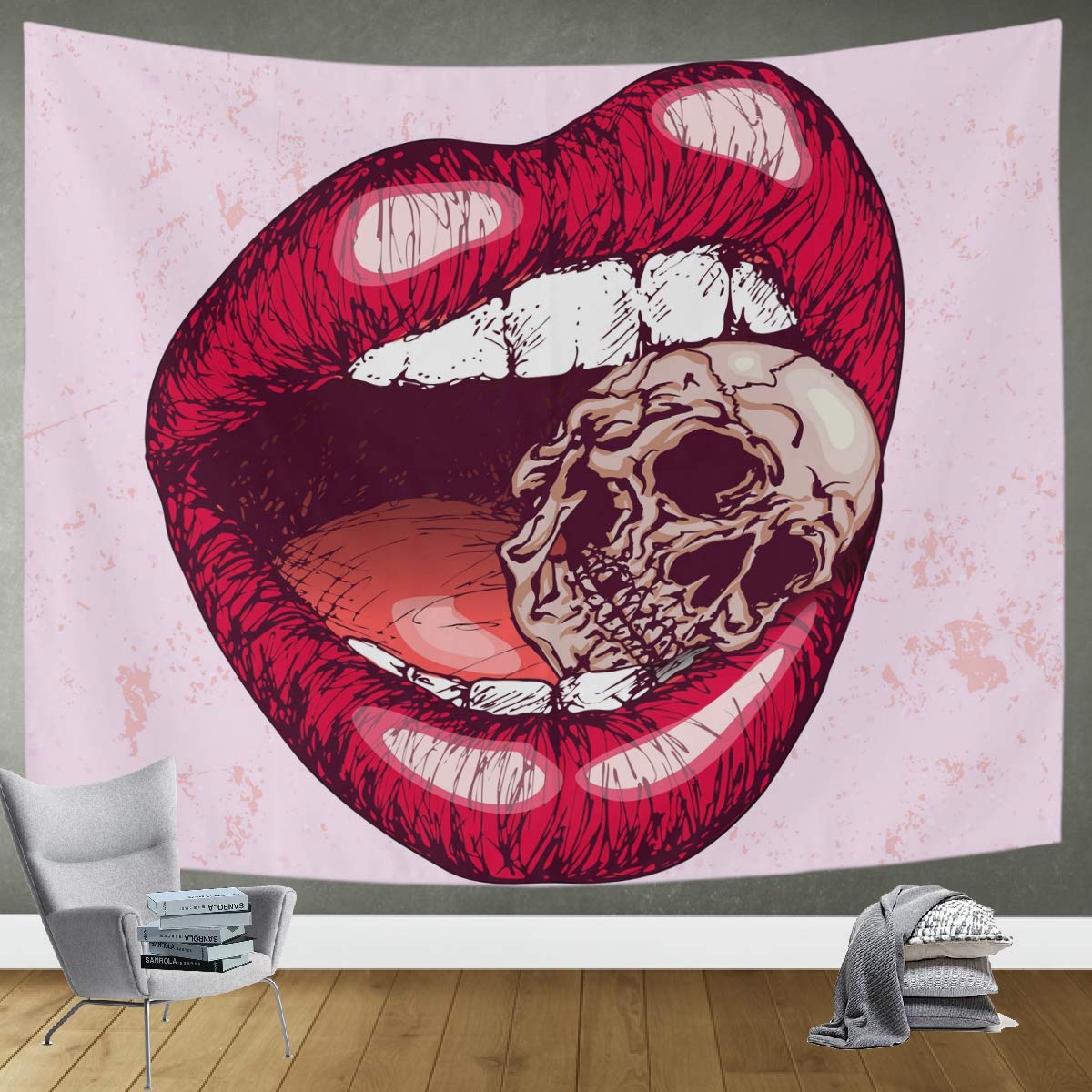 DOMIKING Gothic Wall Tapestry - Red Lips Biting Skull Design for Bedroom, Living Room & Dorm Decor | 80x60 Inch Large Wall Art | Perfect for Halloween, Gothic Home Decor & Aesthetic Room Makeover