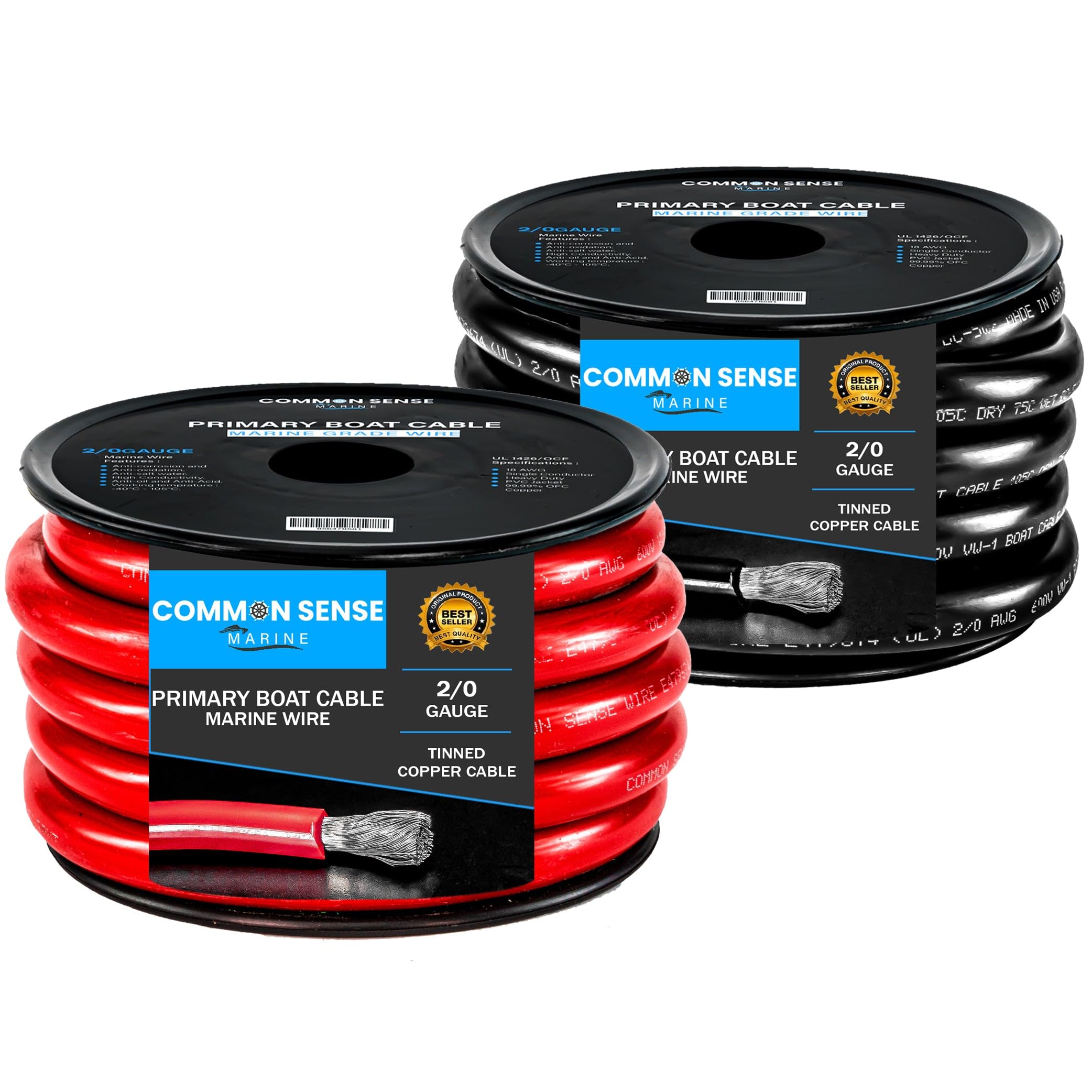 2/0 AWG Marine Grade Tinned Oxygen-Free Copper Boat Cable - 20 ft UL 1426 Standard PVC Wire for Boats, Automotive, Speakers, Campers & Trailers - Perfect for Marine Electrical Systems, RV Wiring, and High-Power Audio Installations
