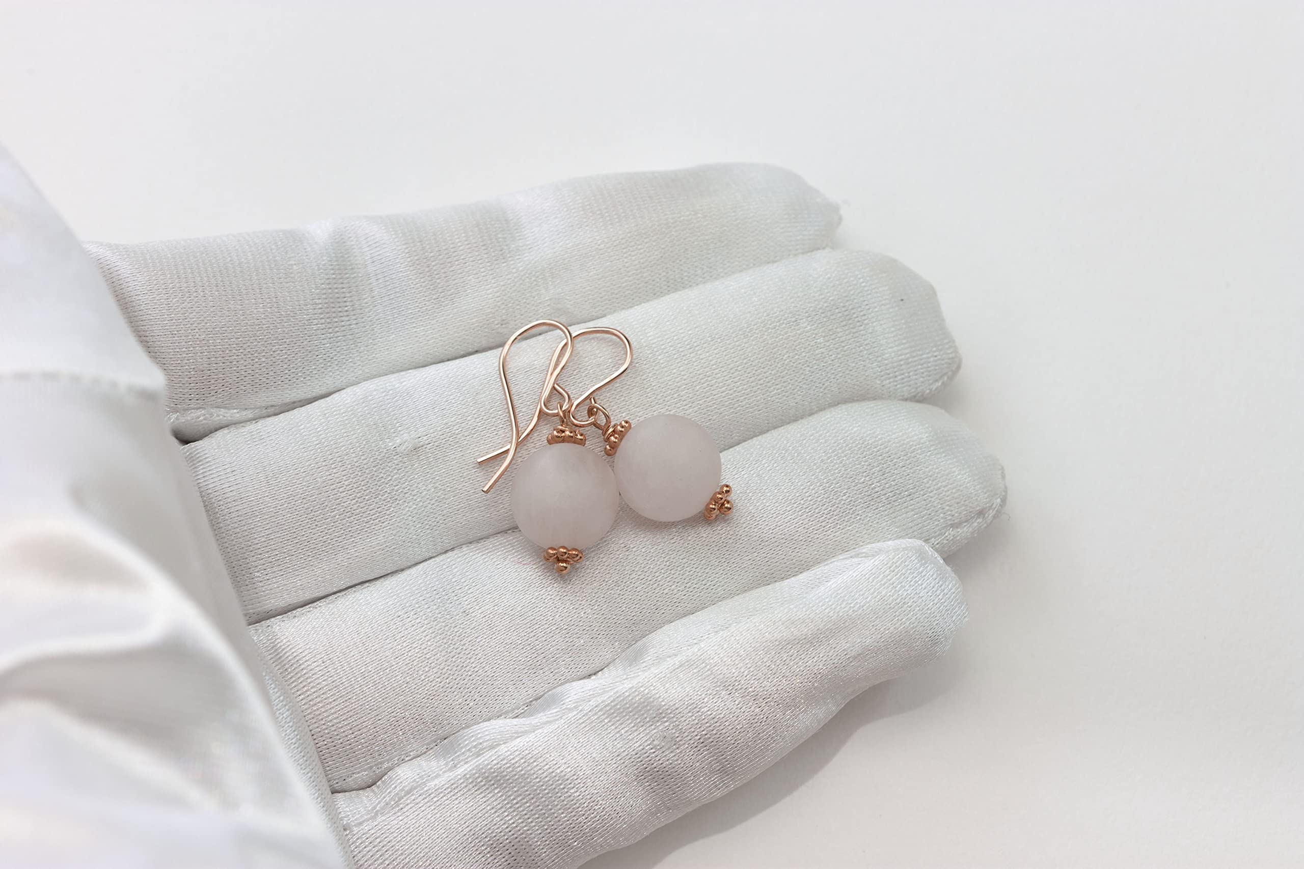 14K Rose Gold Filled Rose Quartz Earrings for Women - Smooth Round Pink Gemstone Dangle Drop Earrings with Gold Beaded Accents | Everyday Jewelry, Gift for Her, Valentine's Day, Anniversary