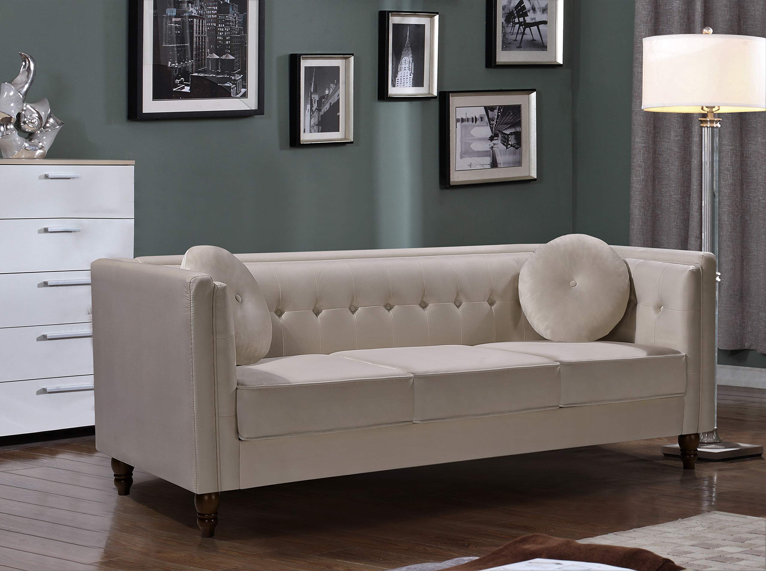 Lexie Velvet 3-Seater Sofa - Modern Mid-Century Chesterfield Style Couch with Plush Comfort for Living Room, Apartment, Bedroom & Office - Ivory | Perfect for Small Spaces, Cozy Lounging & Stylish Home Decor