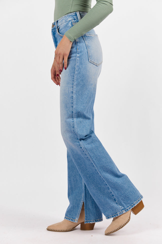 Emily Light Wash 90's Flare Split Hem Wide Leg Jeans for Women - Vintage High Waisted Denim Pants with Distressed Details | Perfect for Casual Outfits, Date Nights & Retro Fashion Looks