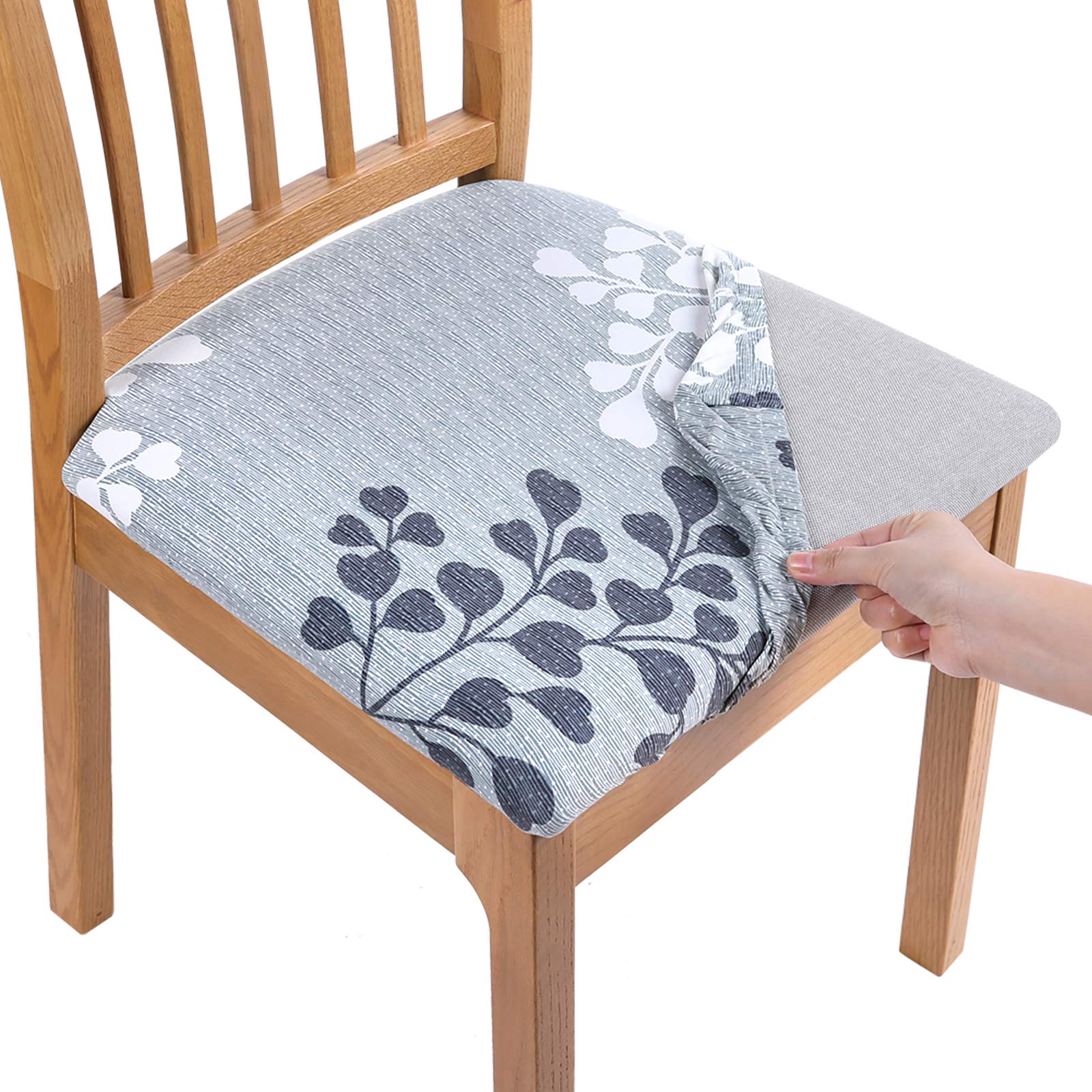 Smiry Printed Stretchable Washable Dining Chair Seat Covers - 2-Pack Gray Leaf Design Slipcovers for Kitchen, Dining Room & Office Chairs - Removable Upholstery Protector for Home Decor