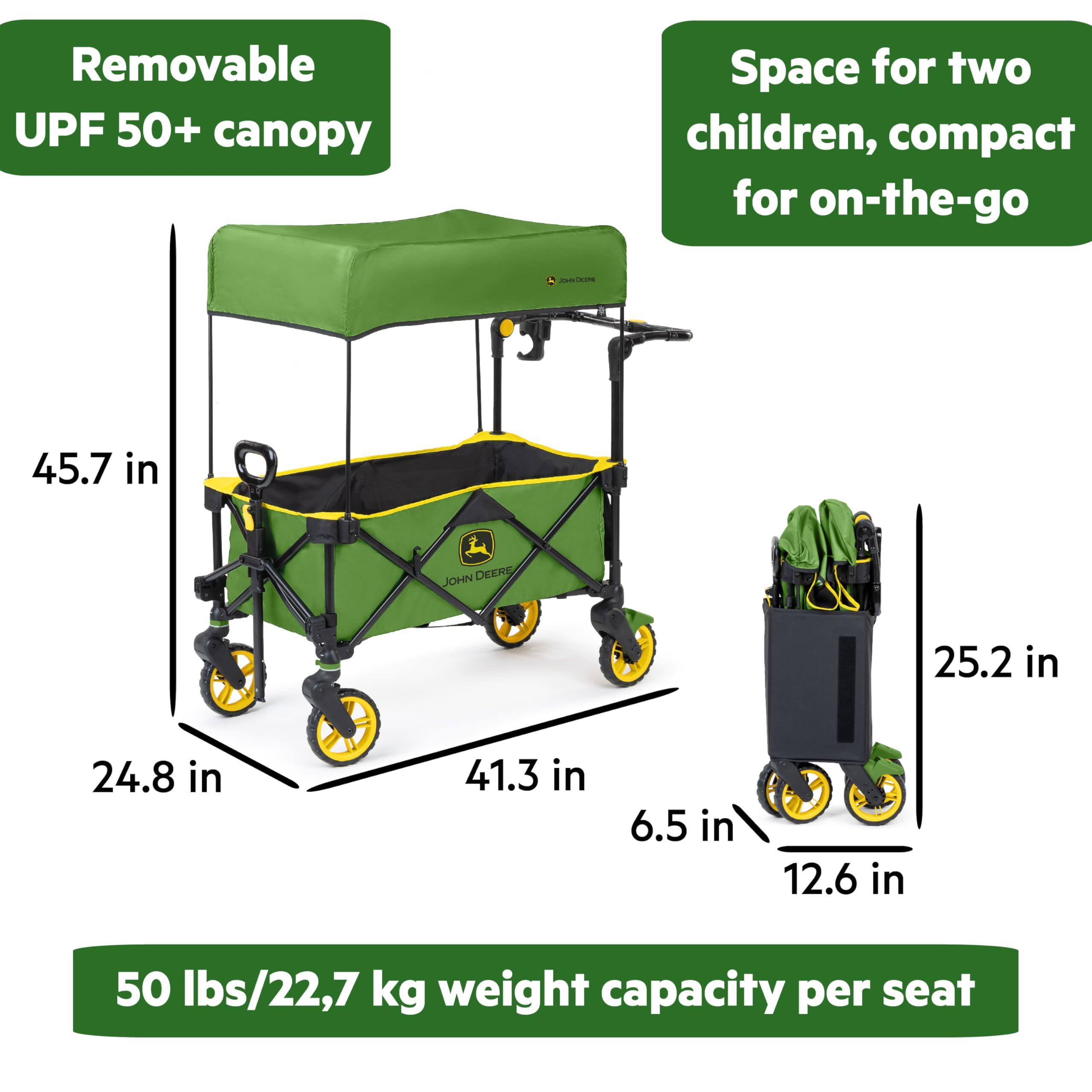 Bright Starts John Deere Pop 'N Ride Foldable Stroller Wagon with 50+ SPF Sun Shade - 2-Seater Kids Wagon for Outdoor Adventures, Park Visits & Beach Trips - Green & Yellow Unisex Baby Carrier