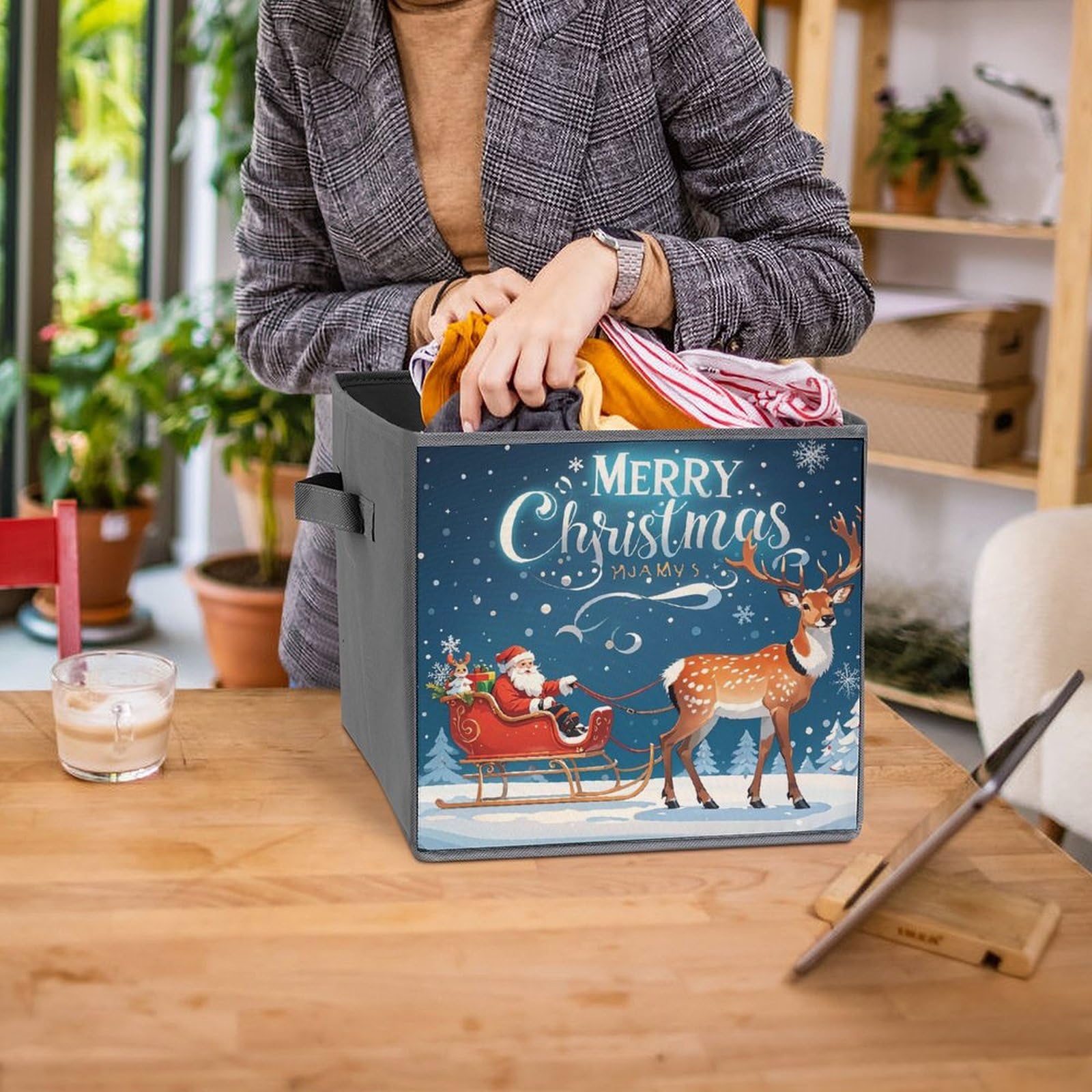 Foldable Storage Bins with Handles - Large Capacity Santa Claus & Elk Pulling Sled Printed Storage Boxes for Playroom, Office, Home Organization | Perfect for Toys, Books, and Holiday Decor Storage
