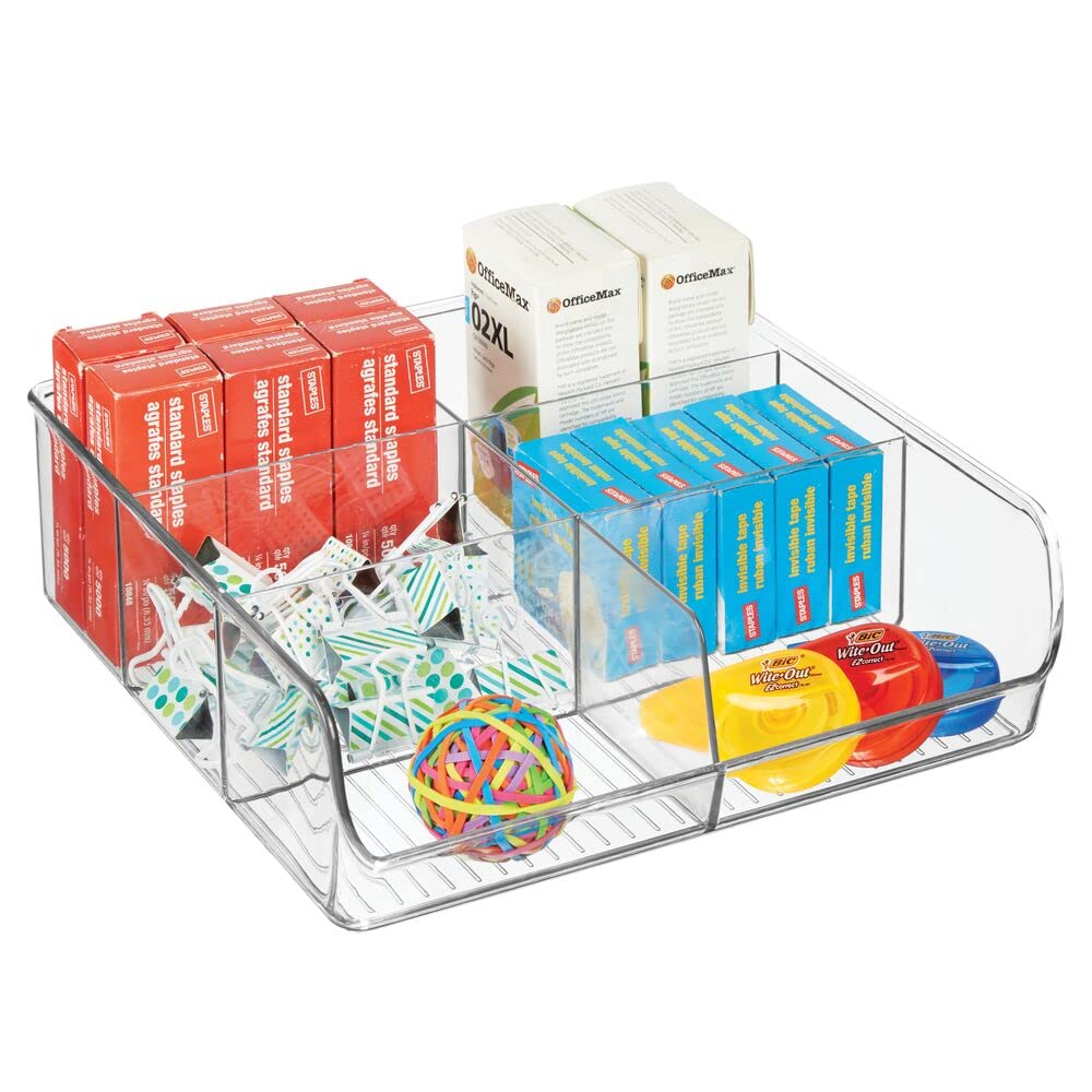 mDesign Clear Plastic Double Wide Open Storage Organizer Bin Caddy - 6 Sections for Home Office, Cabinets, Closets, Drawers, Desks & Workspaces | Perfect for Organizing Office Supplies, Craft Materials & Household Items