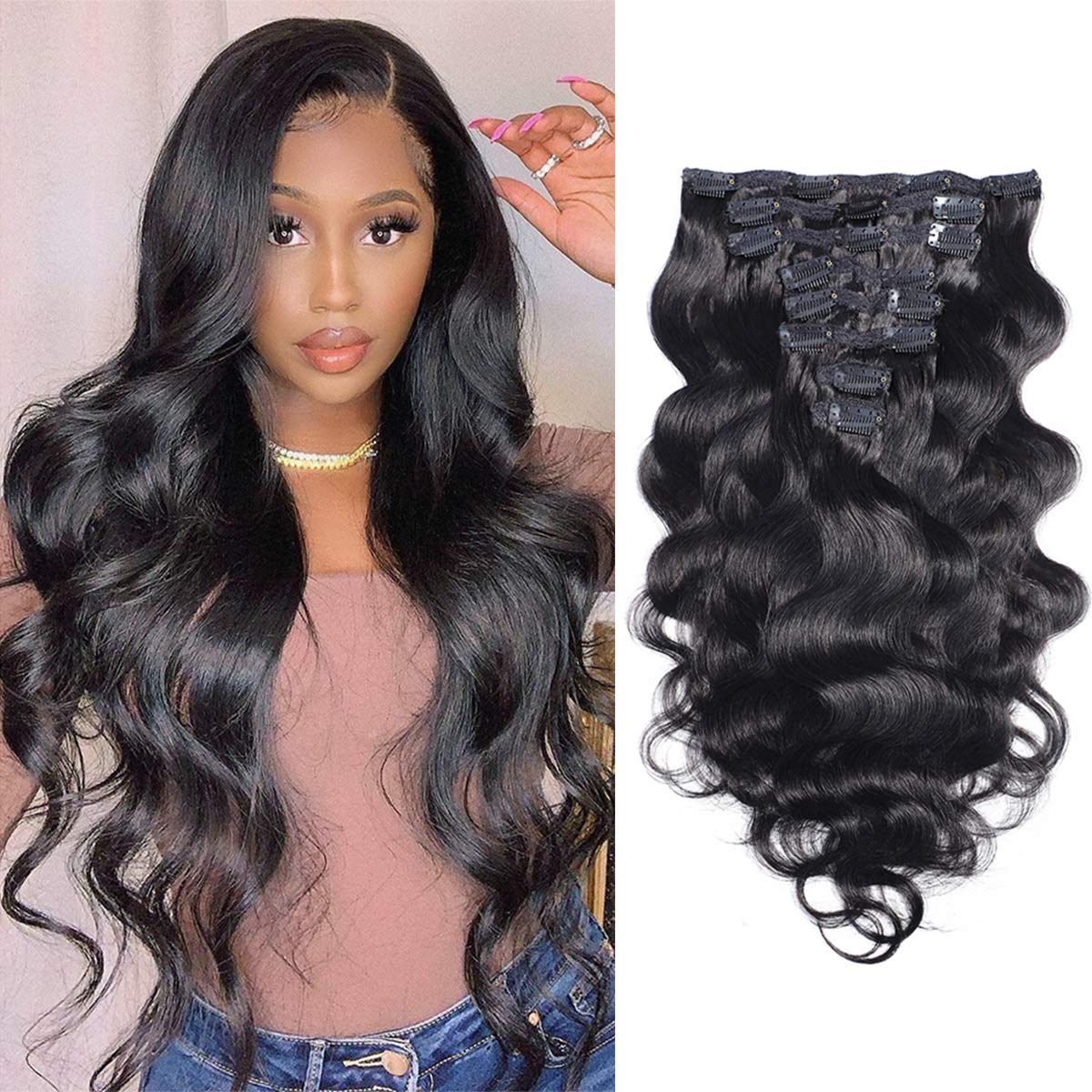 Clip-in Hair Extensions #1B Natural 10A Body Wave 100% Virgin Human Hair - 8pc/Lot 125g with 16 Clips (26 Inch) for Volume & Length - Perfect for Parties, Weddings & Daily Styling