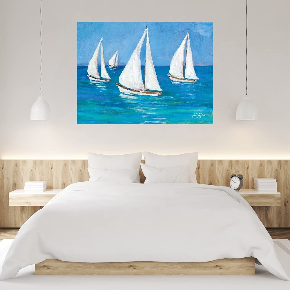 Hand-Painted Sailboat Canvas Art Wall Decor by Julie DeRice - 32x24 Inch Ready to Hang Painting for Living Room, Bedroom, Bathroom & Office - Coastal Nautical Theme Home Decor Perfect for Beach Houses & Seaside Themed Spaces