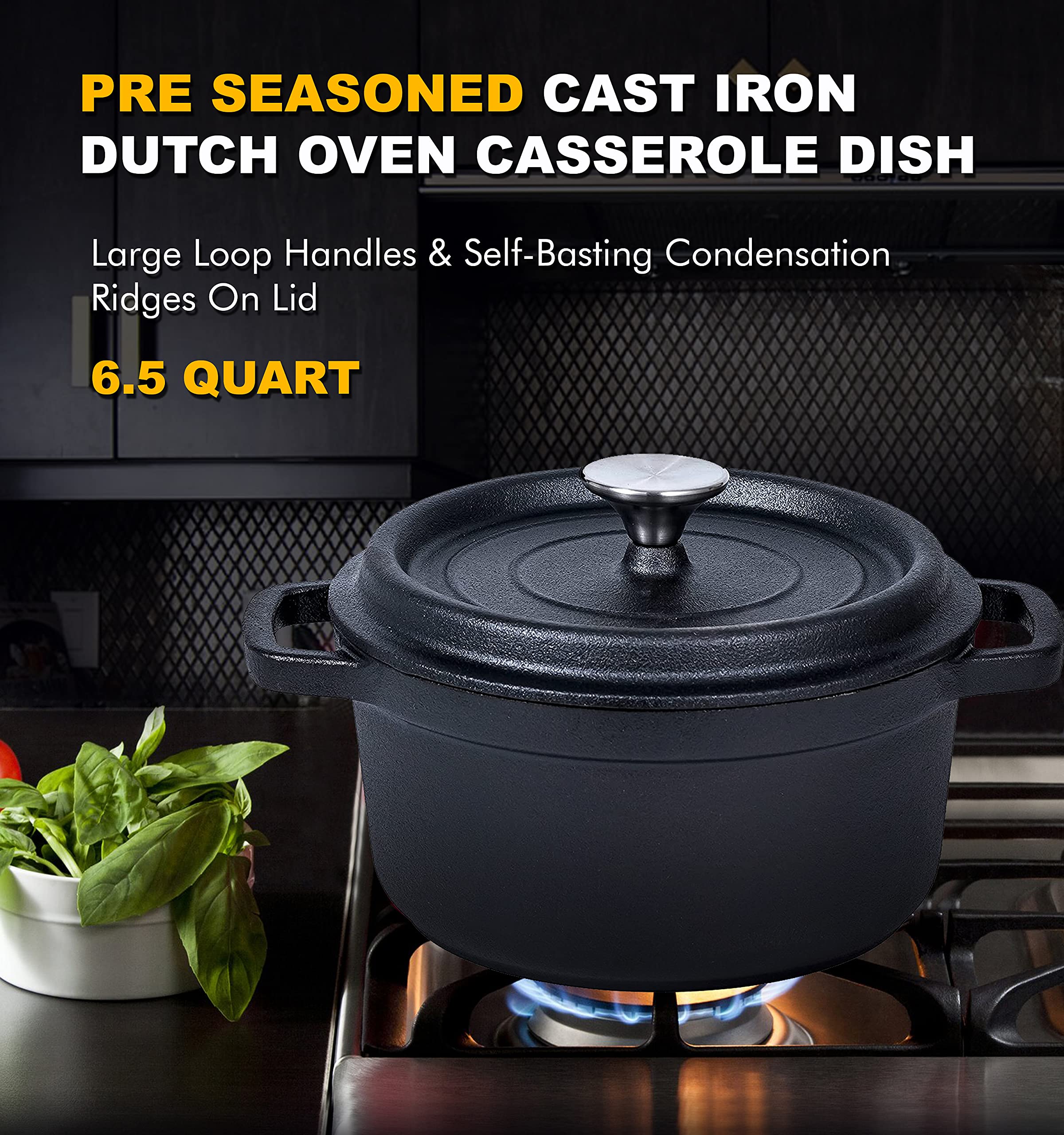 Bruntmor 5.2 Quart Pre-Seasoned Cast Iron Dutch Oven with Lid - Black Cast Iron Skillet for Casseroles, Braising, Baking & Roasting - Induction Compatible Cookware - Perfect for Camping, Home Cooking & Outdoor BBQ