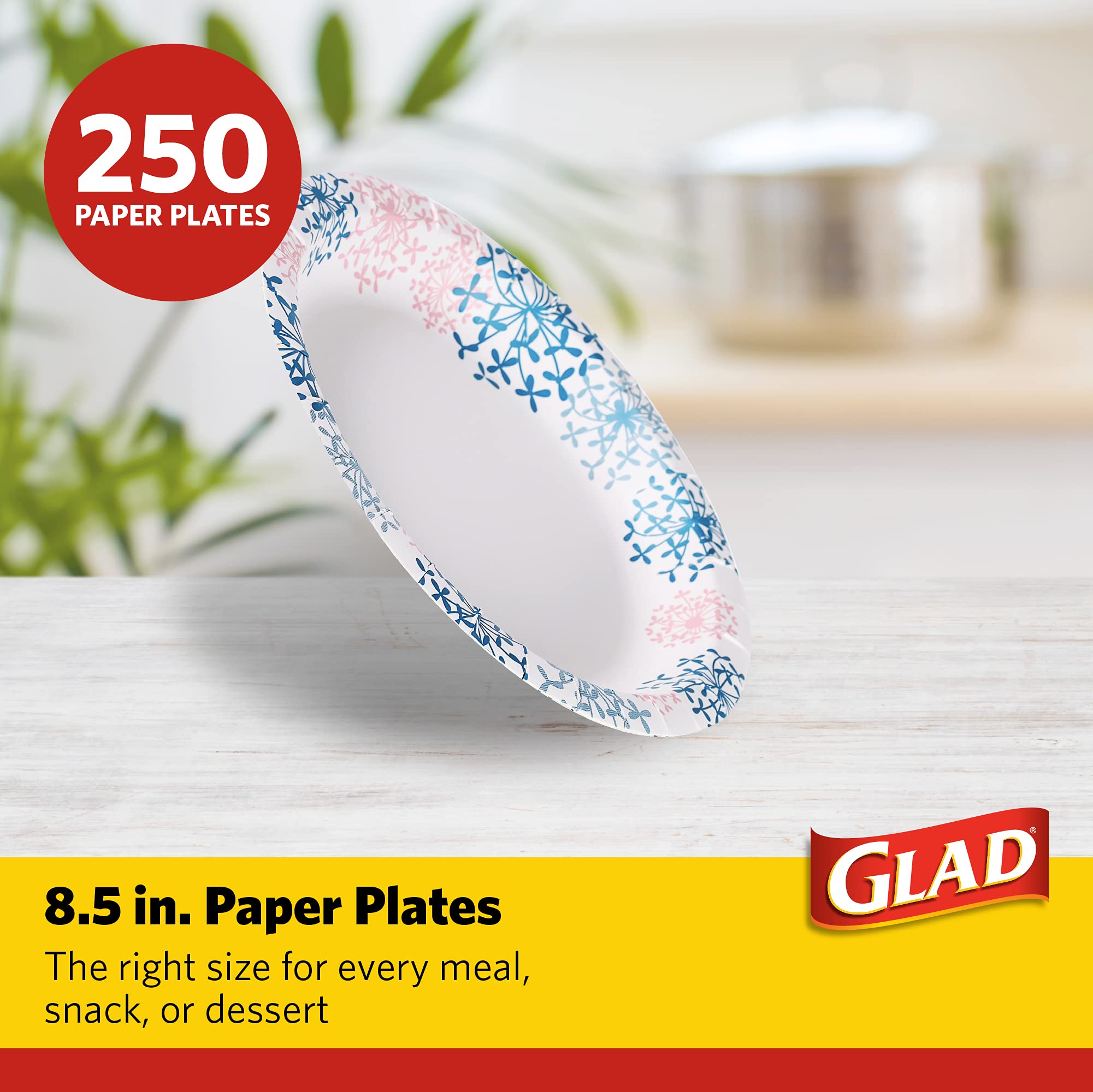 Glad Round Disposable Paper Plates 8.5 Inch - 250 Count Bulk Pack | Heavy Duty, Microwave Safe, Leak & Cut Resistant | Perfect for Parties, BBQs, Picnics & Family Gatherings | Pink Hydrangea Design