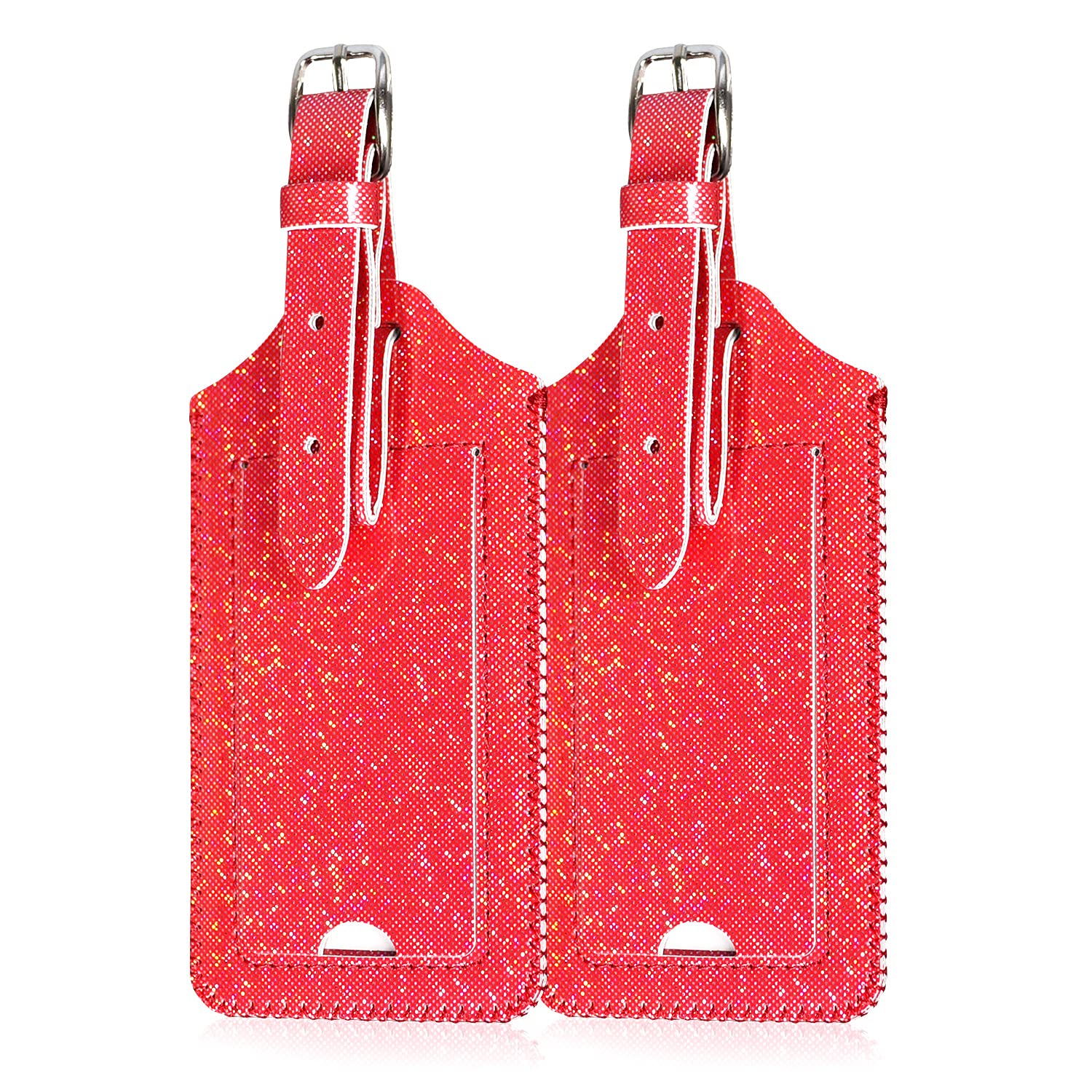 ACdream 2-Pack Leather Luggage Tags - Cruise ID Labels with Privacy Cover for Suitcases, Backpacks & Travel Bags (Red Glitter) - Perfect for Women, Men, Adults & Kids | Travel Accessories for Vacations, Business Trips & Cruise Adventures