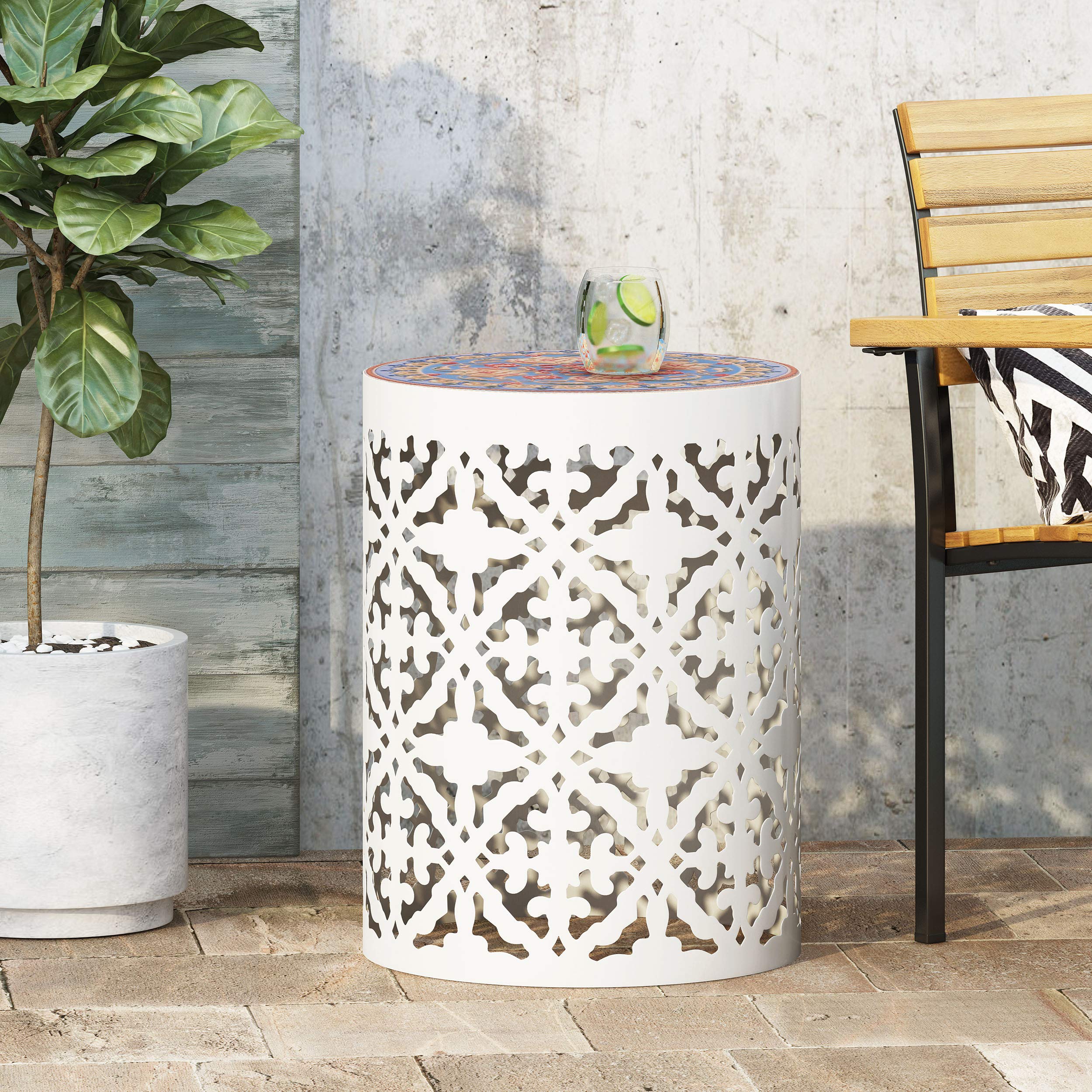 Christopher Knight Home Joshua Outdoor Lace Cut Side Table with Tile Top - White - Perfect for Patio, Garden, and Poolside Decor