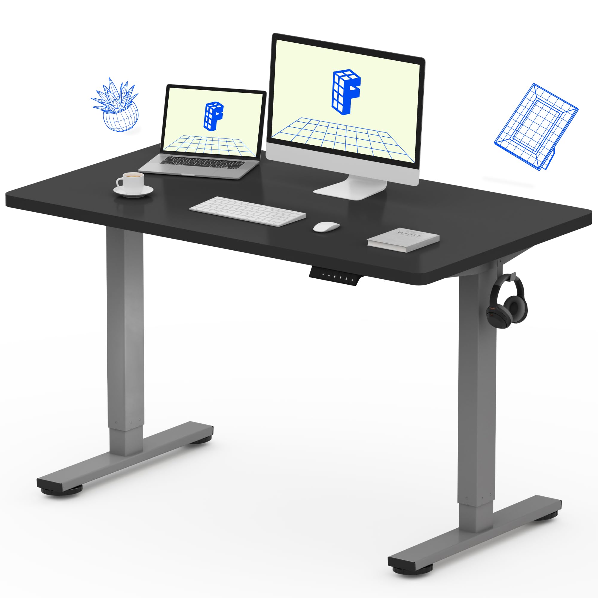 FLEXISPOT EN1 48 x 24 Inches Electric Height Adjustable Standing Desk - Seamless One-Piece Desktop, Silver Frame & Black Top for Home Office - Perfect for Work from Home, Gaming & Study (2 Packages)