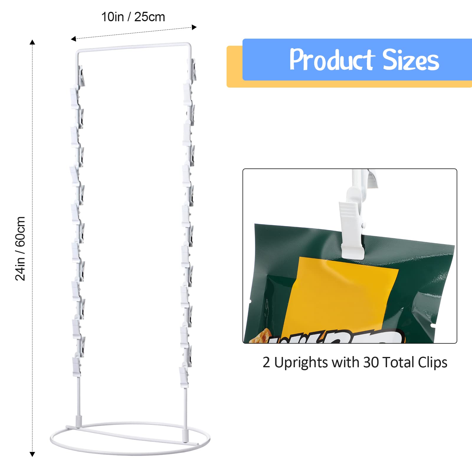 Sturdy 2-Strand Chip Snack Rack with 30 Clips - 10x24 Inch White Countertop Display Holder for Retail Stores, Candy Bags, Potato Chips & Cotton Candy - Perfect for Convenience Stores, Movie Theaters & Carnival Snack Stands
