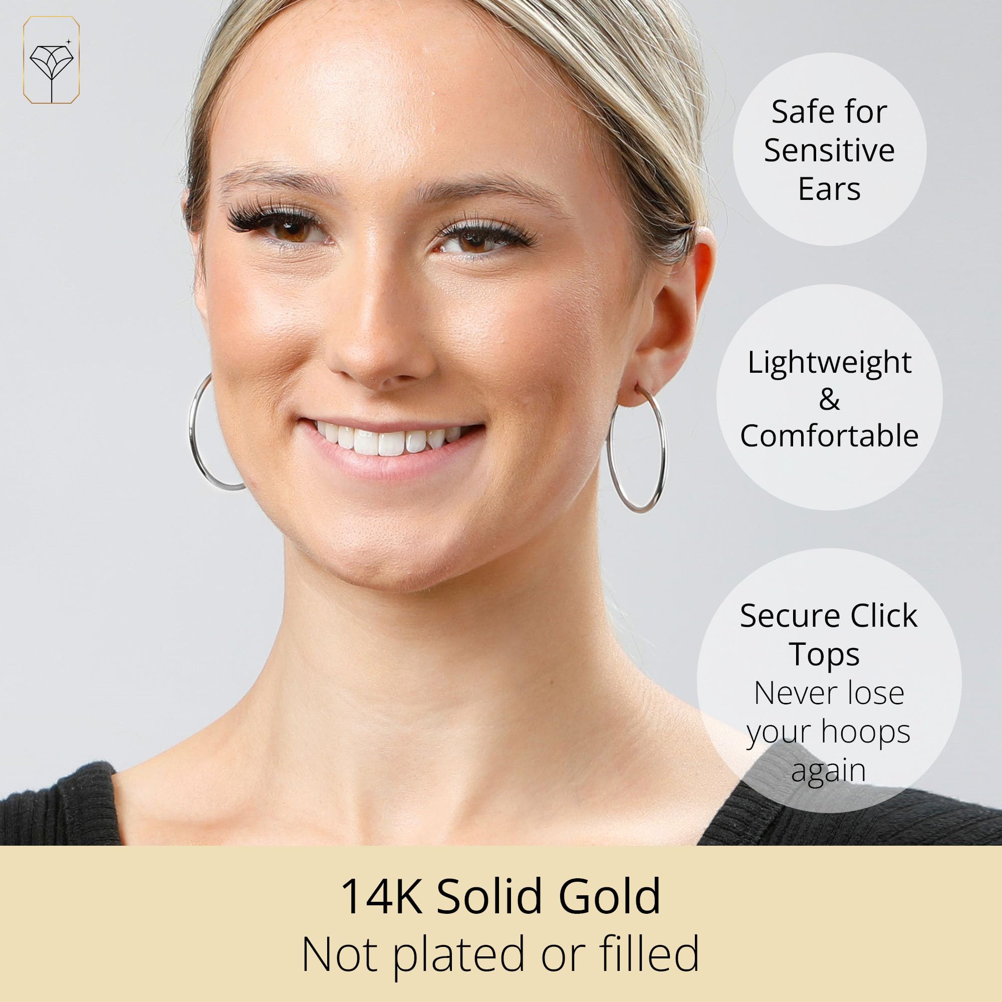 14K Solid Gold Hoop Earrings for Women - Yellow Gold & White Gold Click Closure Hoops | Small to Large Sizes 0.47
