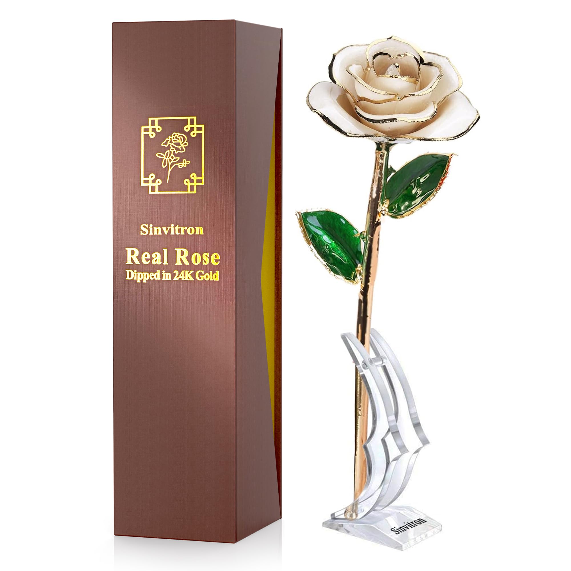 24K Gold Dipped Real Rose with Long Stem & Display Stand - Elegant Birthday, Anniversary, Valentine's Day & Mother's Day Gift for Her (Ivory White) - Perfect for Romantic Surprises, Home Decor & Luxury Gift Giving