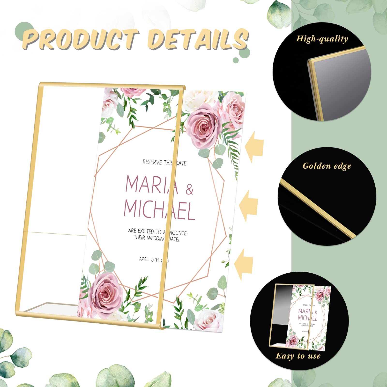 24 Pack Gold Border Acrylic Sign Holders - 5x7 Inch Clear Plastic Picture Frames with Vertical & Slant Back for Tabletop Display - Perfect for Wedding Menus, Office Signs, Restaurant Displays & Retail Merchandising