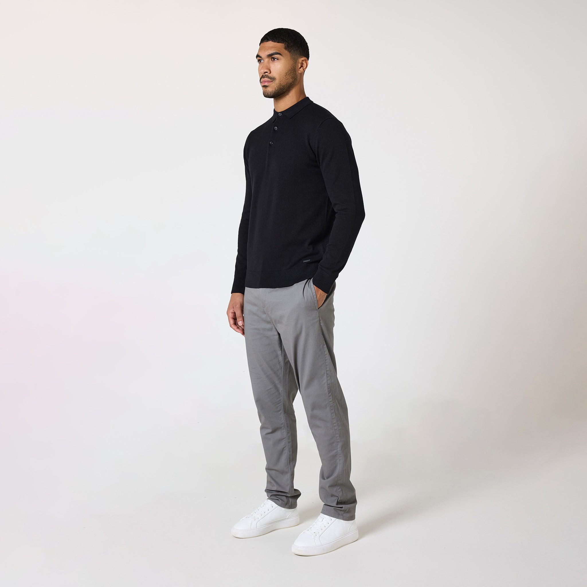 Men's Long Sleeve Knitted Polo Shirt - Soft Cotton Blend, Slim Fit, Black - Perfect for Business Casual, Office Wear & Fall Layering